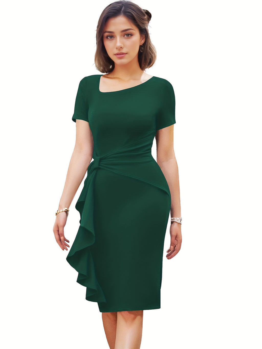 Women's Stretchy Bodycon Dress - Elegant Ruched Detailing & Asymmetrical Hem, Machine Washable Solid Color Party & Casual Dress for Spring Summer Fall, Casual Summer Dresses, Seasonal Fashion, Highelasticity Fabric