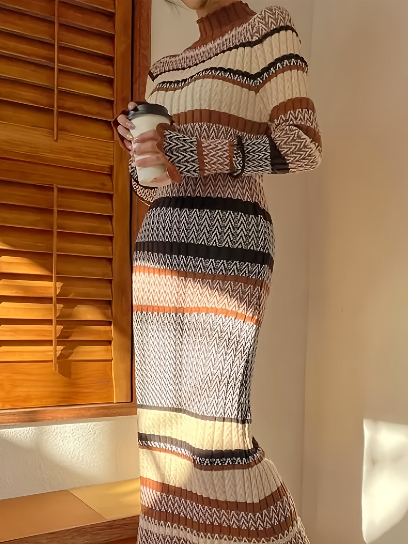 Women's Elegant High-Neck Long Sleeve Slim-Fit Dress - Soft Geometric Striped (Brown/Beige/Black/White) A-Line Winter Dress with Long Sleeves, Tailored Fall Winter Outfits for Casual to Formal Events, Hand Washable, Winter Dr