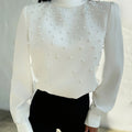 Women's Elegant -Adorned Collar Blouse - Long Sleeve White Shirt with Bead Button Front, Structured Stand Collar & Machine Washable Jacket-like Top for Weddings, Office, Parties (Spring/Fall) - Non-Stretch Adult Clothing, Blo