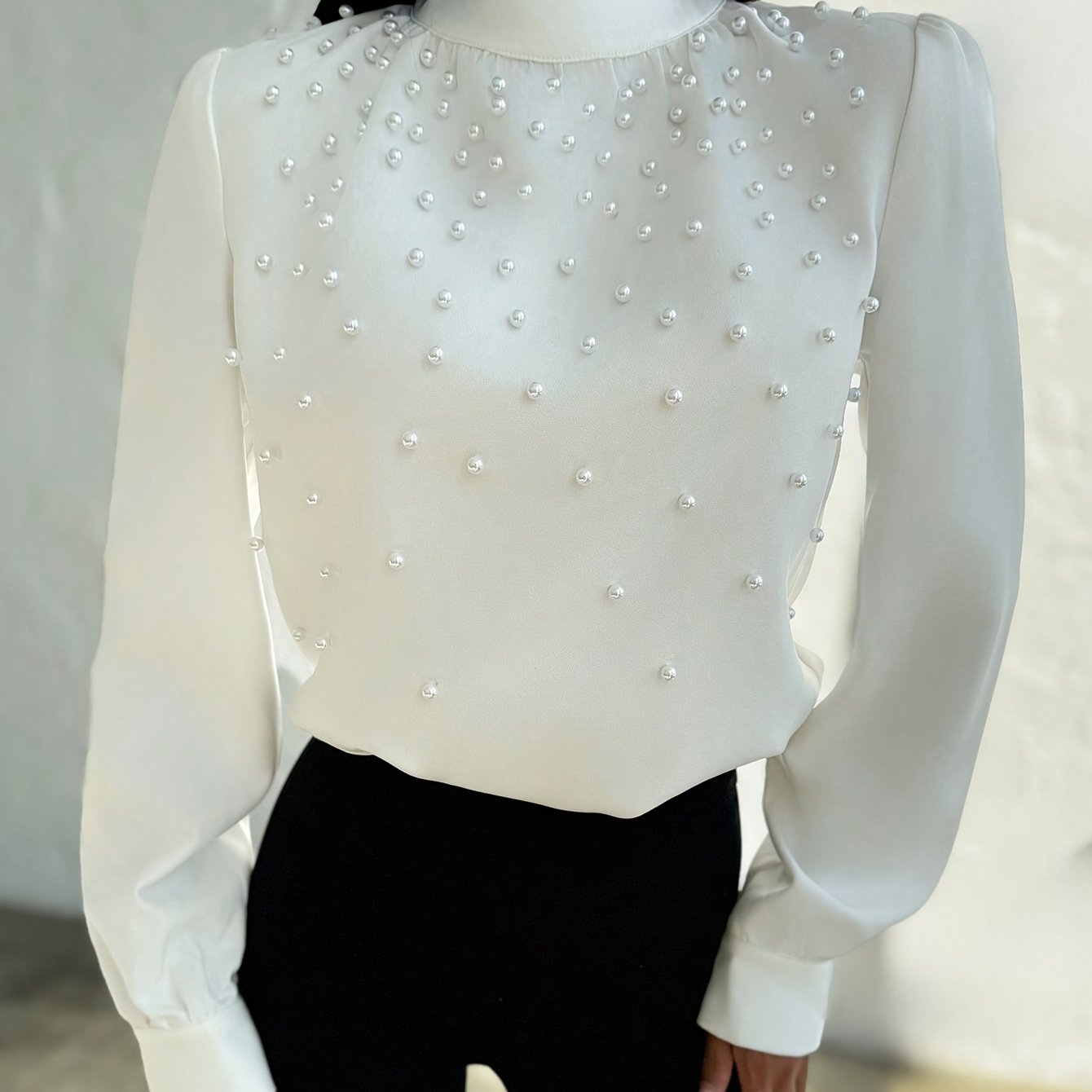Women's Elegant -Adorned Collar Blouse - Long Sleeve White Shirt with Bead Button Front, Structured Stand Collar & Machine Washable Jacket-like Top for Weddings, Office, Parties (Spring/Fall) - Non-Stretch Adult Clothing, Blo