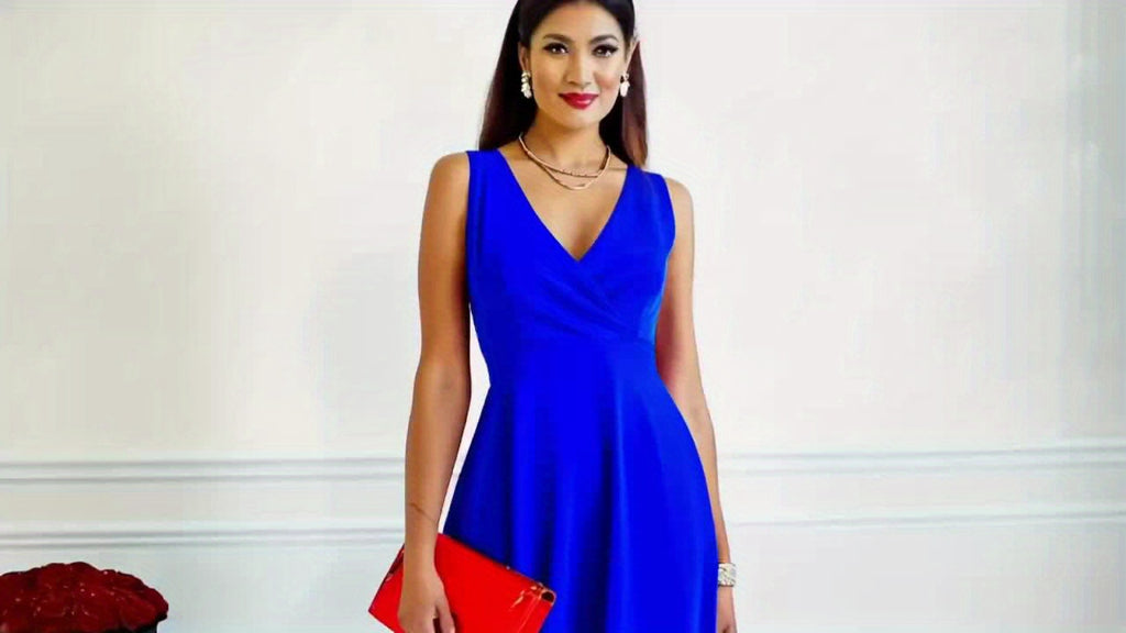 2025 Spring Summer Women's Sleeveless V-Neck A-Line Dress - Royal Blue Knee-Length Casual to Evening Dress with Asymmetrical Hem, Machine Washable & Plus Size Friendly, Casual Summer Dresses, Formal Attire, Offshoulder Fashio