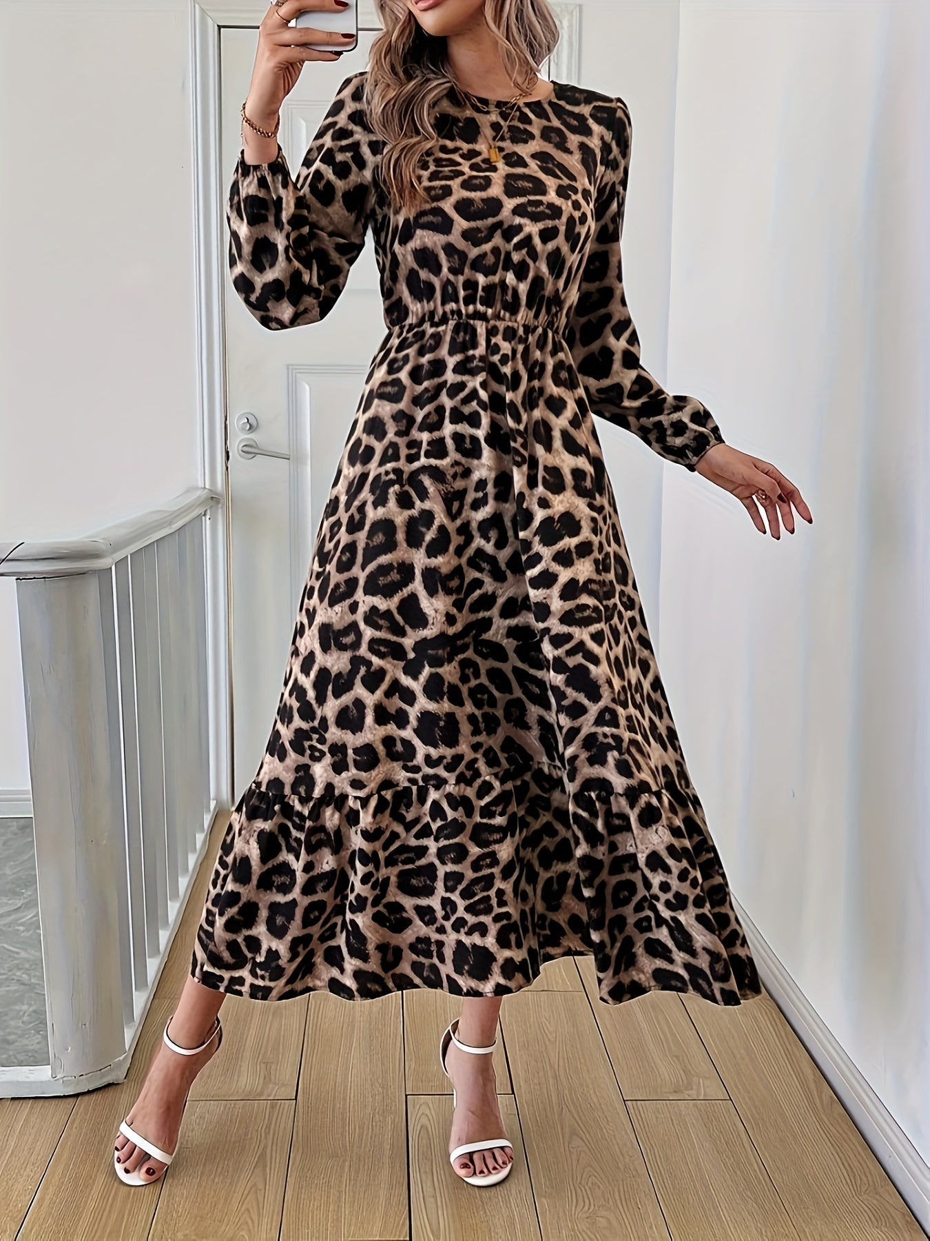 100% Polyester Leopard Print Crew Neck Long Sleeve Midi Dress for Women - A-Line Vacation Style Fall/Winter Dress
