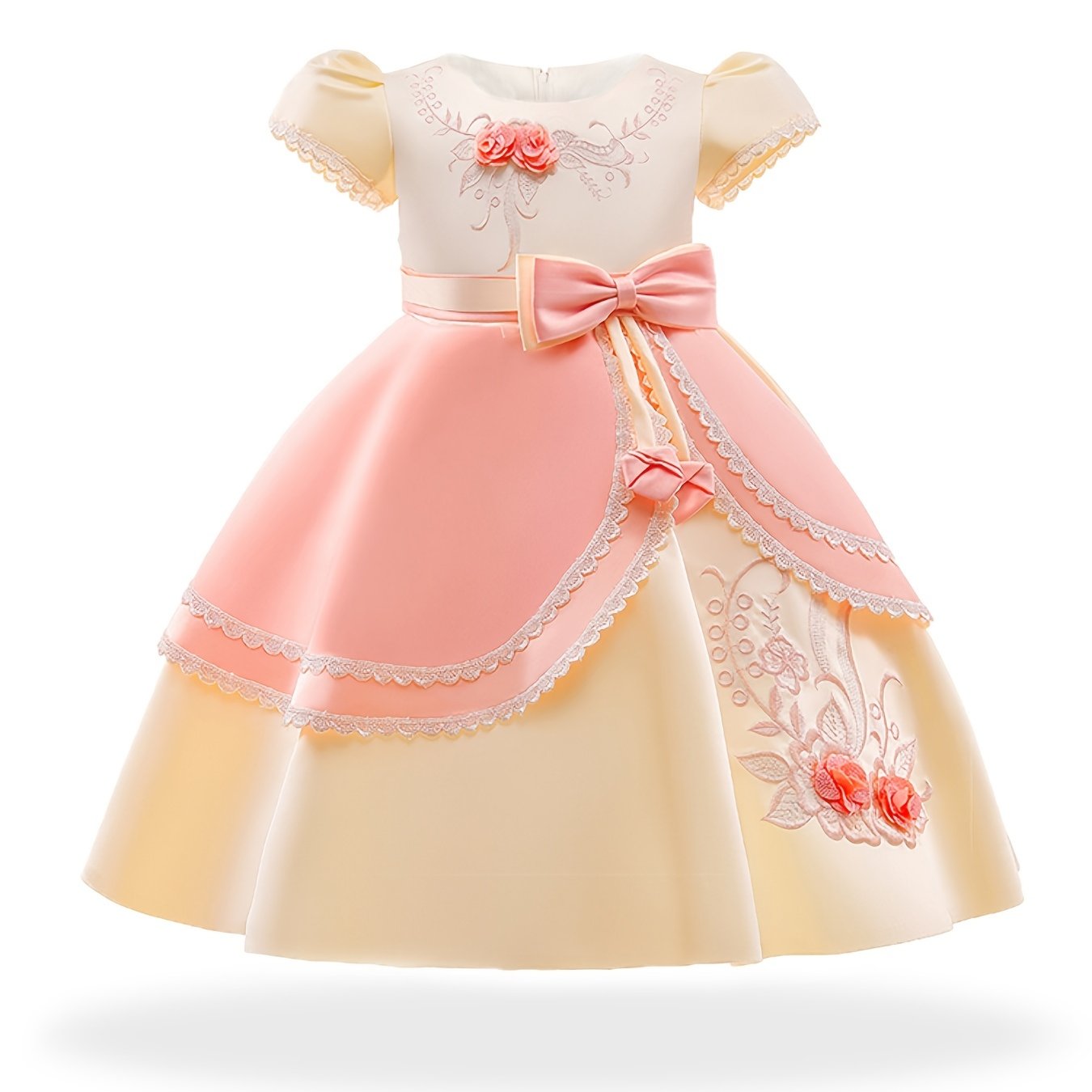 Girls Princess Dress Short Sleeve Embroidered Flower Bow Lace Dress Performance Dress Wedding Flower Girls For Evening Birthday Party Kids Clothes