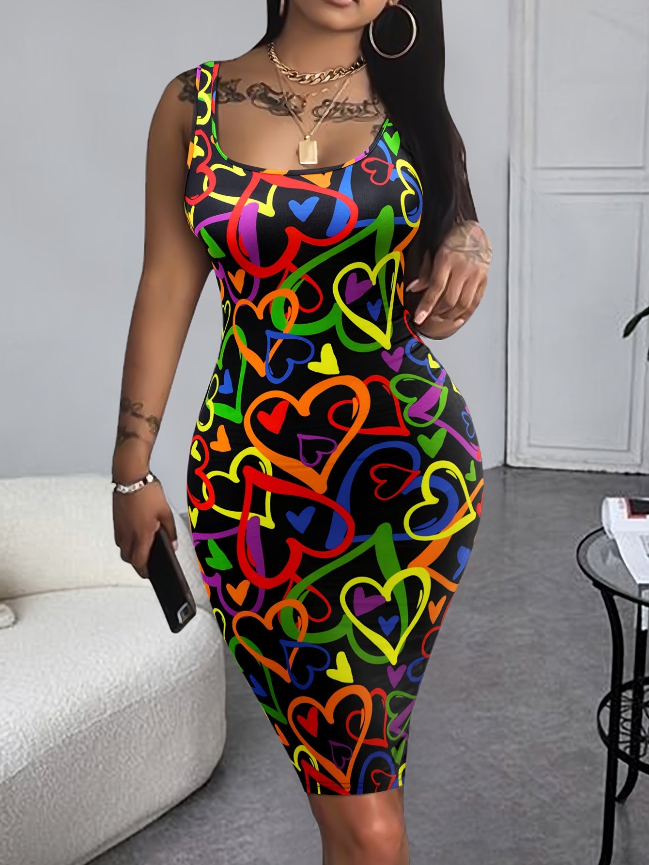 Women'S Off-Shoulder Bodycon Dress | Colorful Heart Pattern | Sleeveless, Stretchy Polyester Blend | Machine Washable | Spring/Summer Fashion | Vibrant Red & Green Design, Cute Dresses