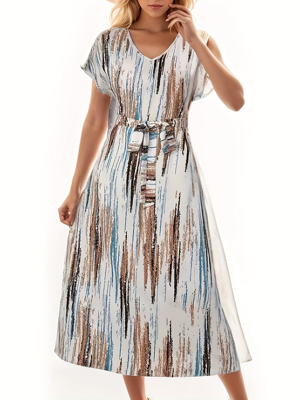 Vibrant Striped V-Neck A-Line Dress - Women's Spring & Summer Dresses with Short Sleeves, Belted Waist, and Vacation Style - Perfect for Outdoor Activities