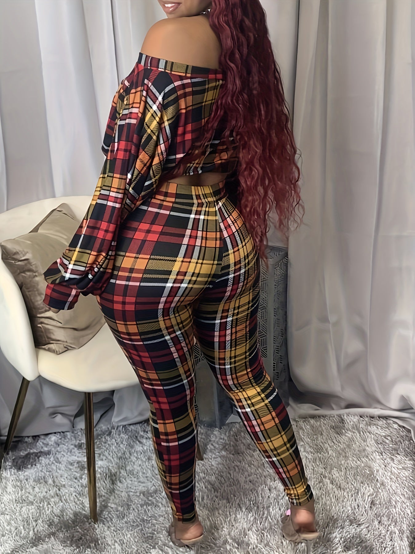 Plus Size Sexy Outfits Set, Women's Plus Plaid Print Twist Front Off Shoulder Long Sleeve Crop Top & Leggings Outfits Two Piece Set