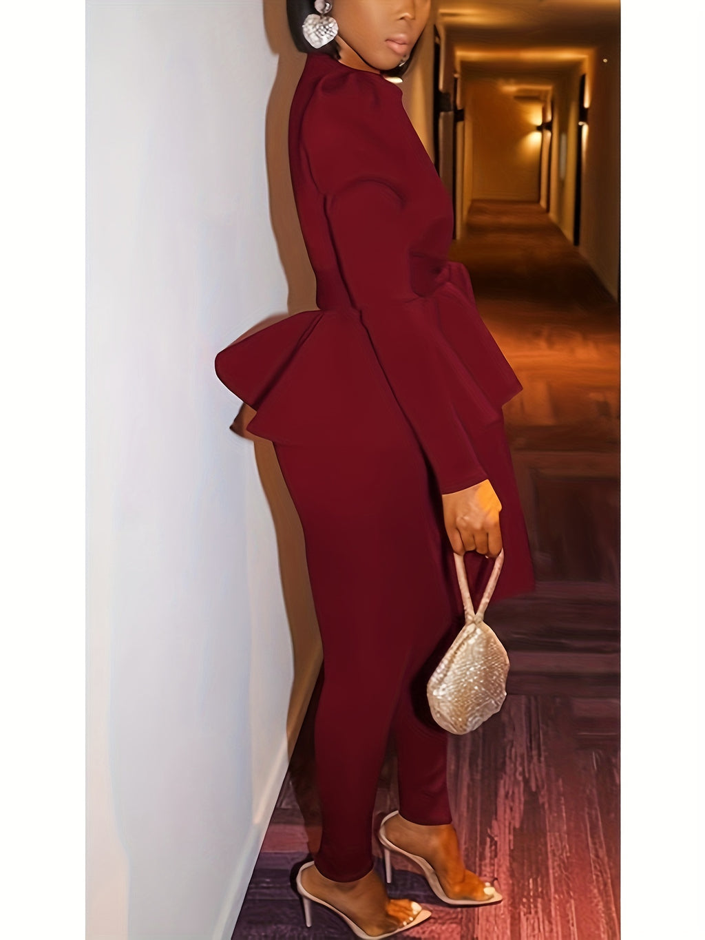 2 Piece Outfits For Women Blazer With Pants Deep V Long Sleeve Slim Fit Ruffle Pelplum Business Suit (Size Down)