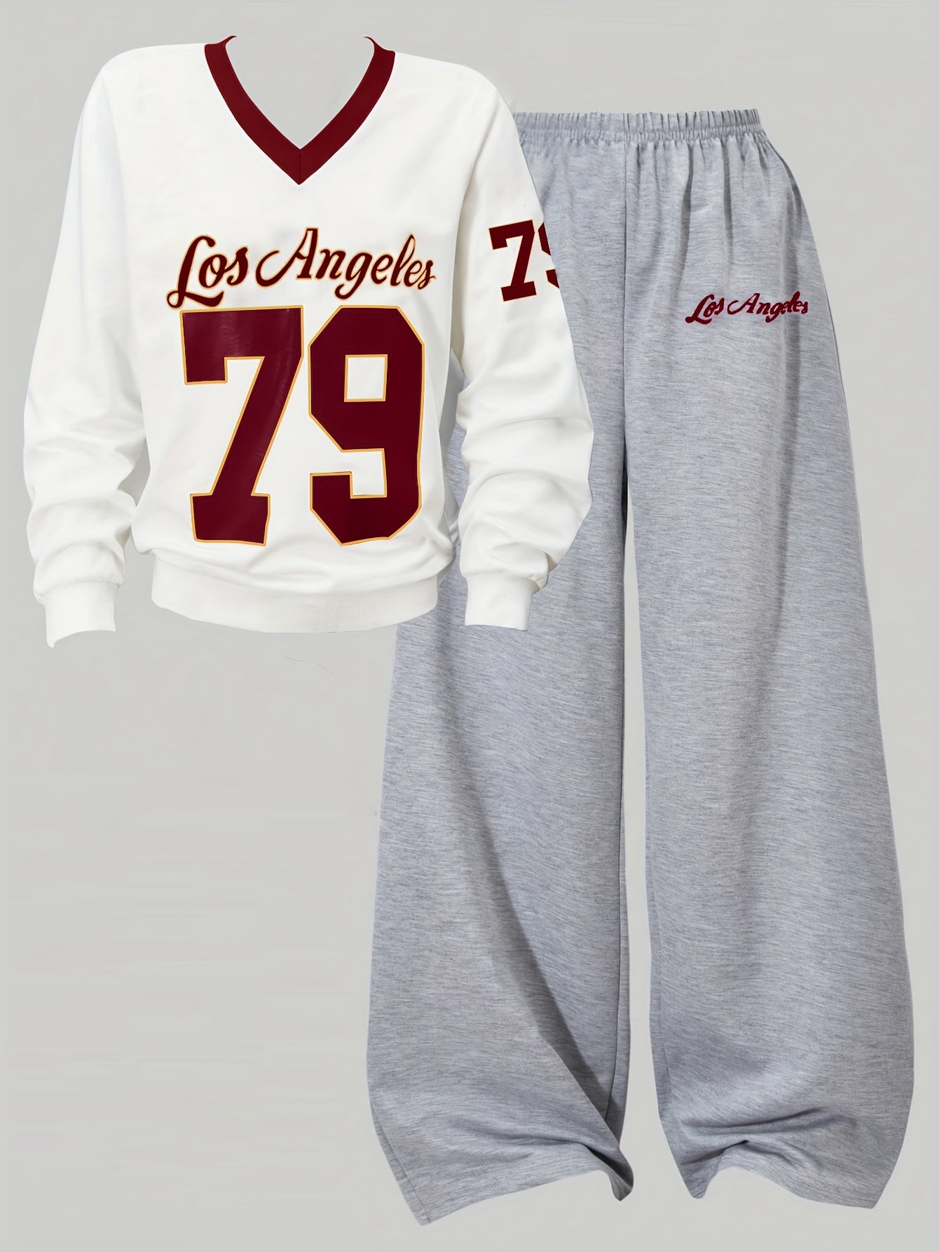 Women'S Los Angeles 79 Letter & Number Print Top and Pants Set | V-Neck Color Block Long Sleeve Top with Wide Leg Casual Pants | All-Season Fashion Outfit, Medium Stretch Fabric, Off the Shoulder Style, Casual Wear|Vneck Top|