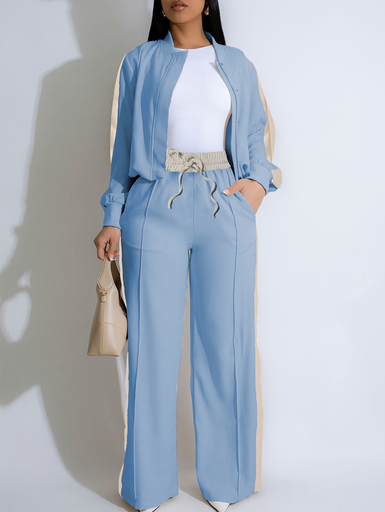 Women's Casual Two-Piece Set Zip-up Bomber Jacket & High-Waist Jogger Pants with Side Stripes, Trendy And Comfortable, Tracksuits Sets For Ladies, Track Suits Women Two Piece, Track Suits Sets For Women, Sweat Suits Women Two