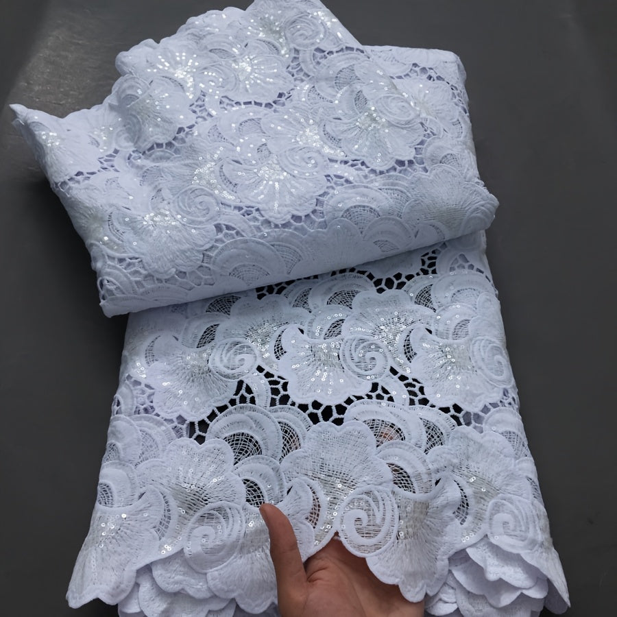 1pc 5 Yards White Guipure Cord Lace Fabric with Sequins - 100% Polyester French Water Soluble Lace, Floral Pattern Precut Fabric for Elegant Women's Dresses, Hand Wash Only, Wedding Attire | Sophisticated Style | Texture