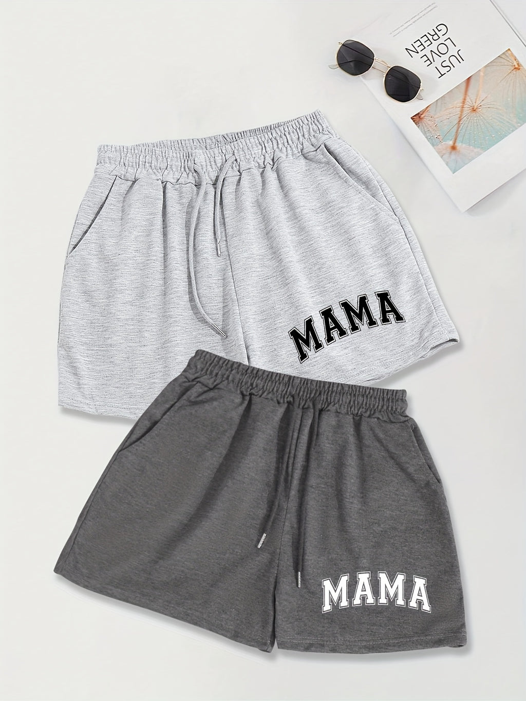2 Pack Slant Pocket Elastic Waist Shorts, Mama Print Casual Drawstring Shorts Outfits for Women