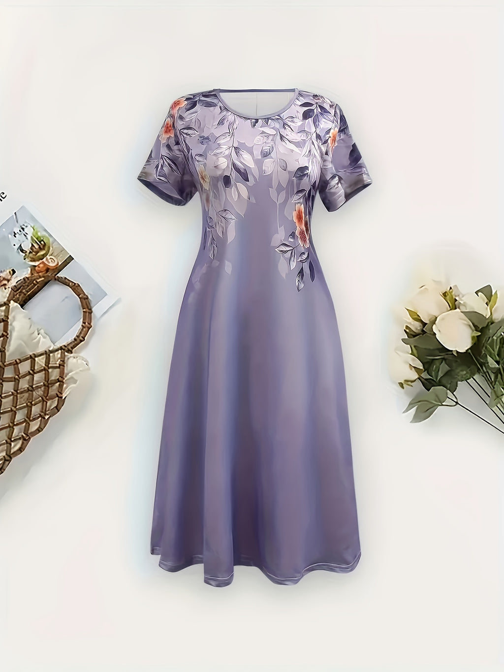 Floral Print Lightweight Polyester A-Line Midi Dress for Women - Short Sleeve, Round Neck, Perfect for Spring/Summer Vacations, Beachwear Ready, Beach Dress, Attractive Skirts for Women, Summer Clothing Promotion for Ladies,