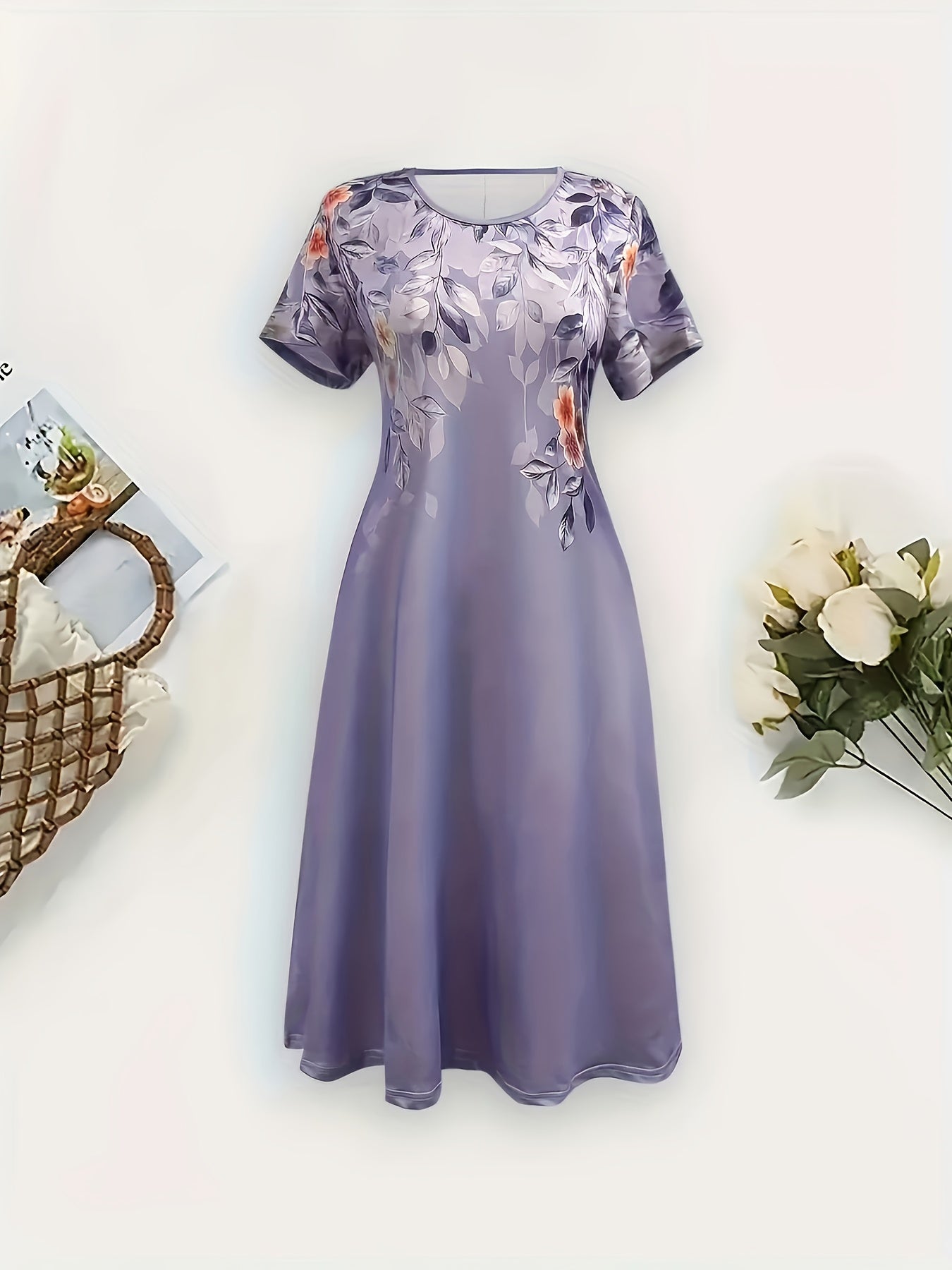 Floral Print Lightweight Polyester A-Line Midi Dress for Women - Short Sleeve, Round Neck, Perfect for Spring/Summer Vacations, Beachwear Ready, Beach Dress, Attractive Skirts for Women, Summer Clothing Promotion for Ladies,