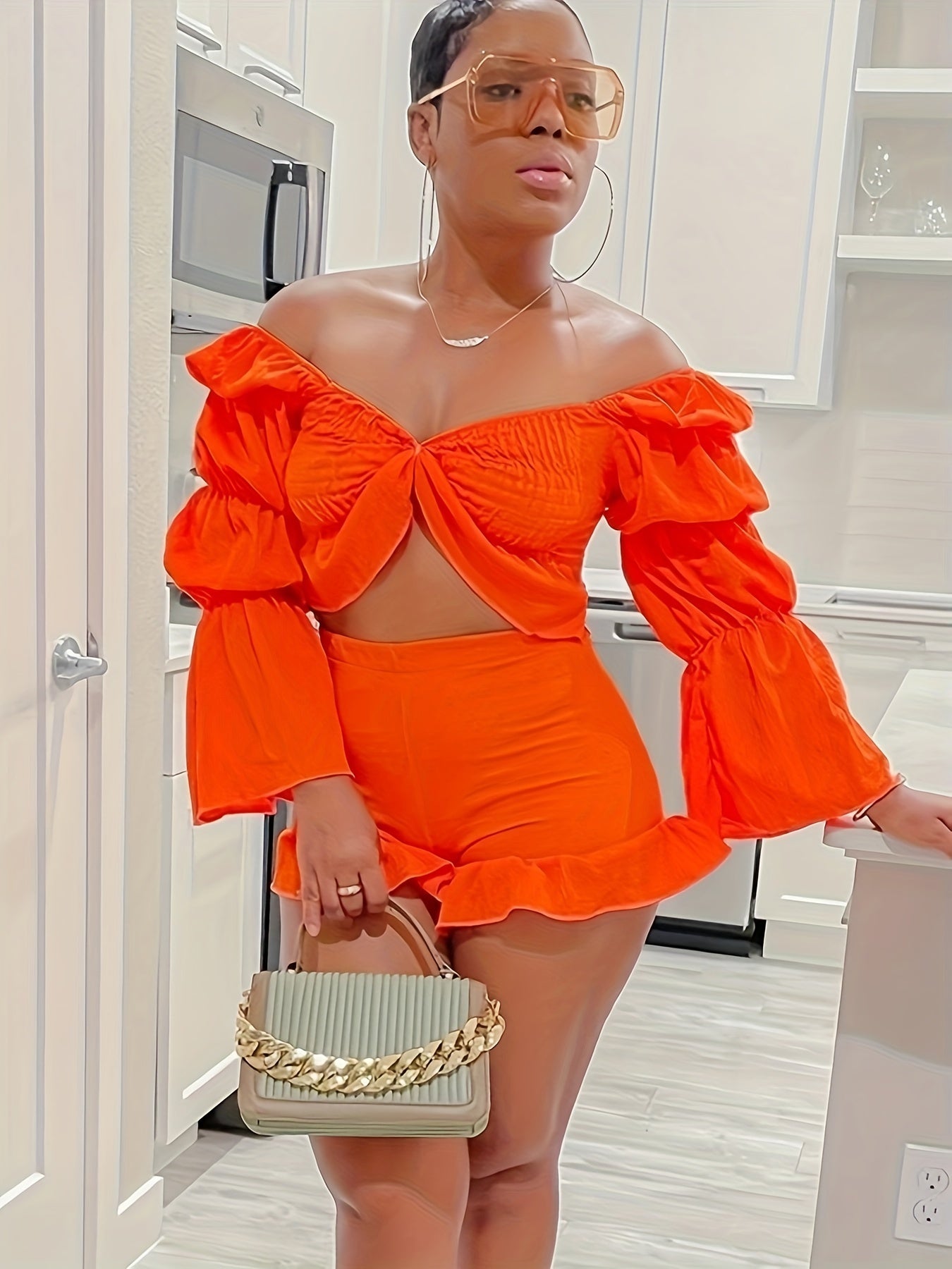 2 Piece Vacation Outfits For Women Summer Sexy Y2k Ruffle Lantern Long Sleeve Crop Top High Low Shorts Set Romper