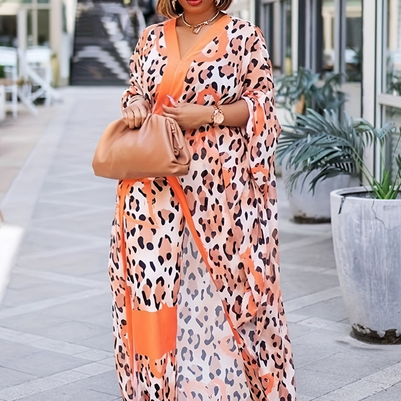 Plus Size Elegant Outfits Set, Women's Plus Leopard & Heart Print Batwing Sleeve V Neck Split Hem Longline Top & Pants Outfits Two Piece Set