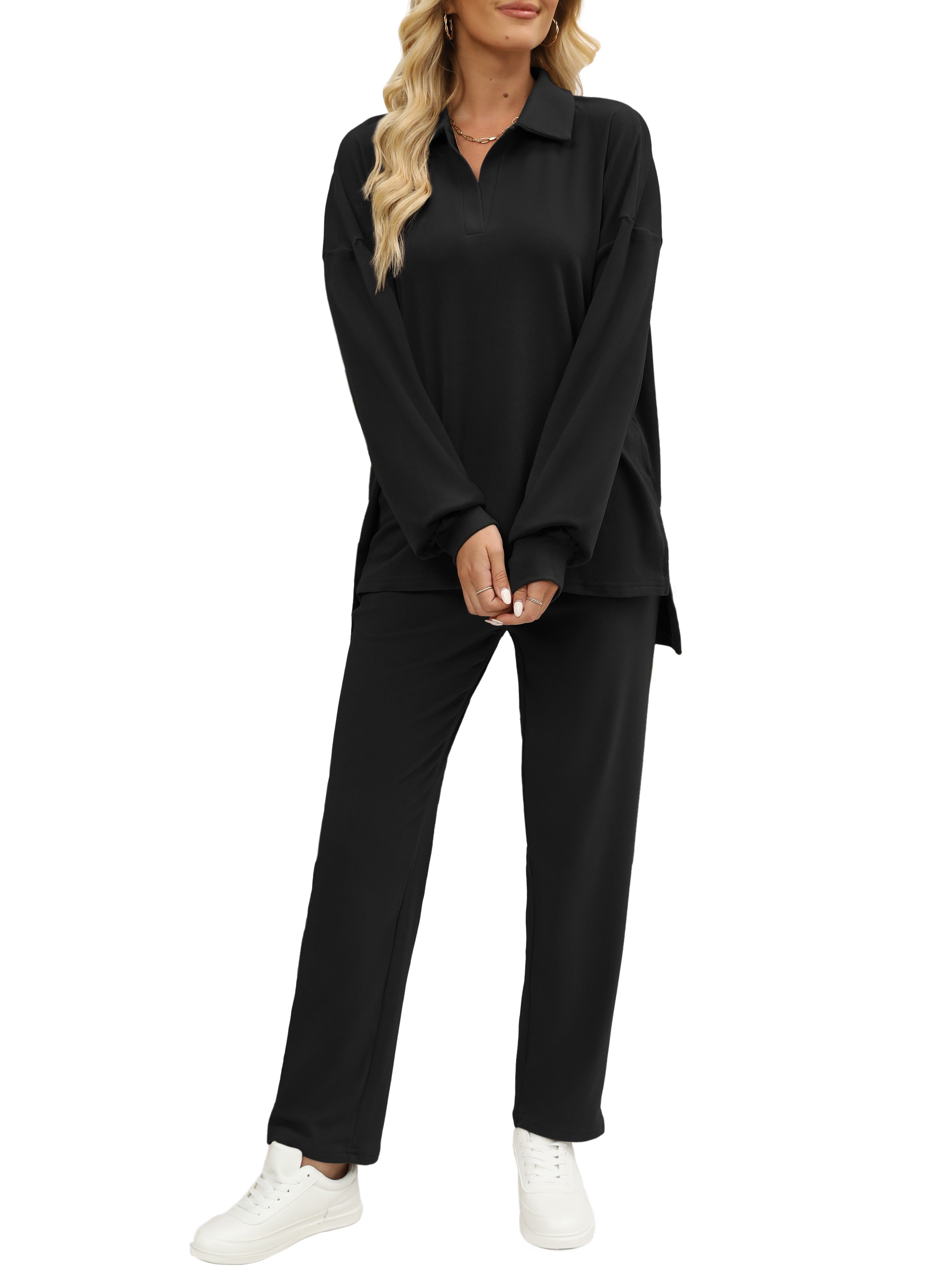 Two Pieces Outfits For Women Oversized Side Slit Sweatshirts&Comfortable Long Pants Sweatsuits