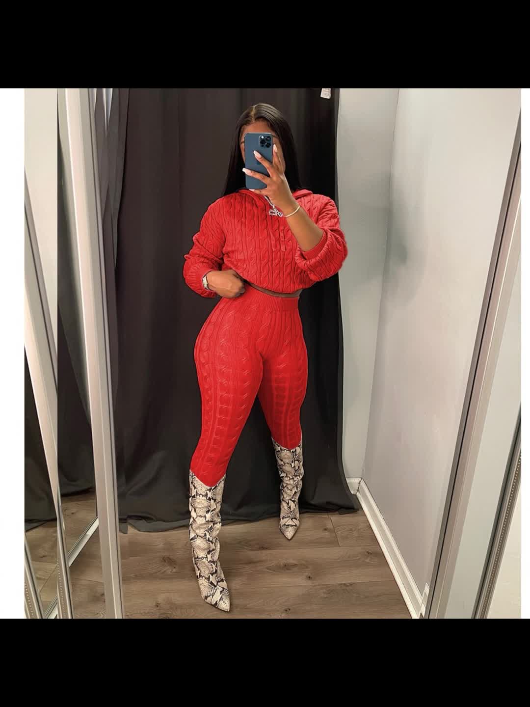 Women's Warm Winter Outfit - 2pcs Red Twisted Hoodie & Leggings Set, Oversized Hooded Sweater with Matching Pants - Cozy Solid Color Outfits for Casual & Party Wear, Stylish Fall Winter Outfits for Women (Easy-Care Fabric)