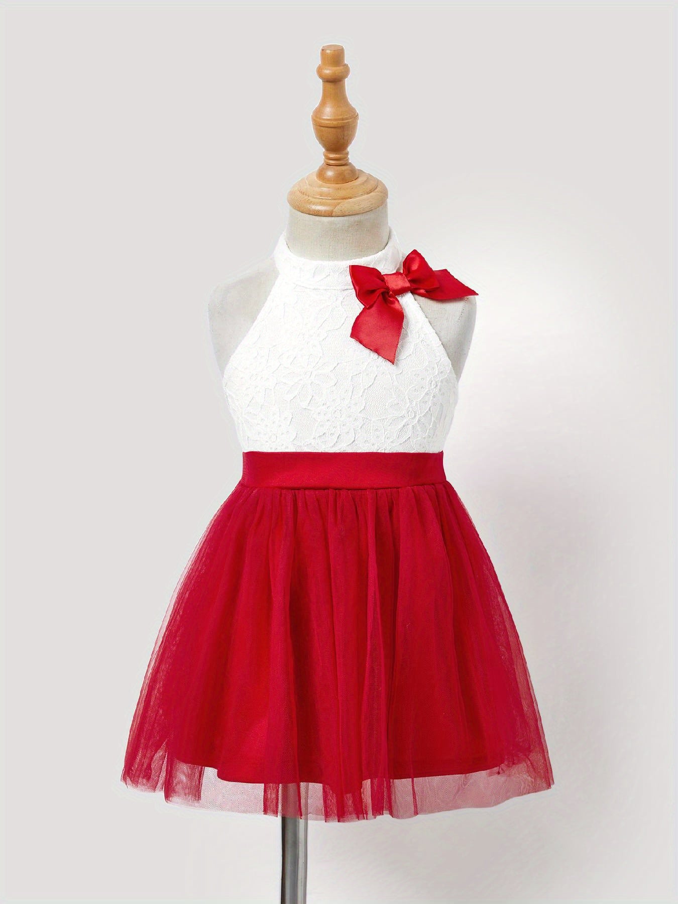PatPat Valentine's Day Mommy and Me High Neck Halter Lace Splicing Multi-Layered Mesh Dresses, Polyamide 90% Spandex 10%, Solid Color, Elegant Style for Spring/Summer/Fall, Spring Summer Dresses | Decorative Bow Detail | Knit