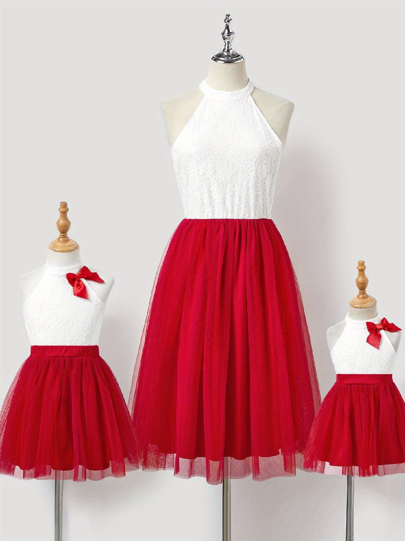 PatPat Valentine's Day Mommy and Me High Neck Halter Lace Splicing Multi-Layered Mesh Dresses, Polyamide 90% Spandex 10%, Solid Color, Elegant Style for Spring/Summer/Fall, Spring Summer Dresses | Decorative Bow Detail | Knit