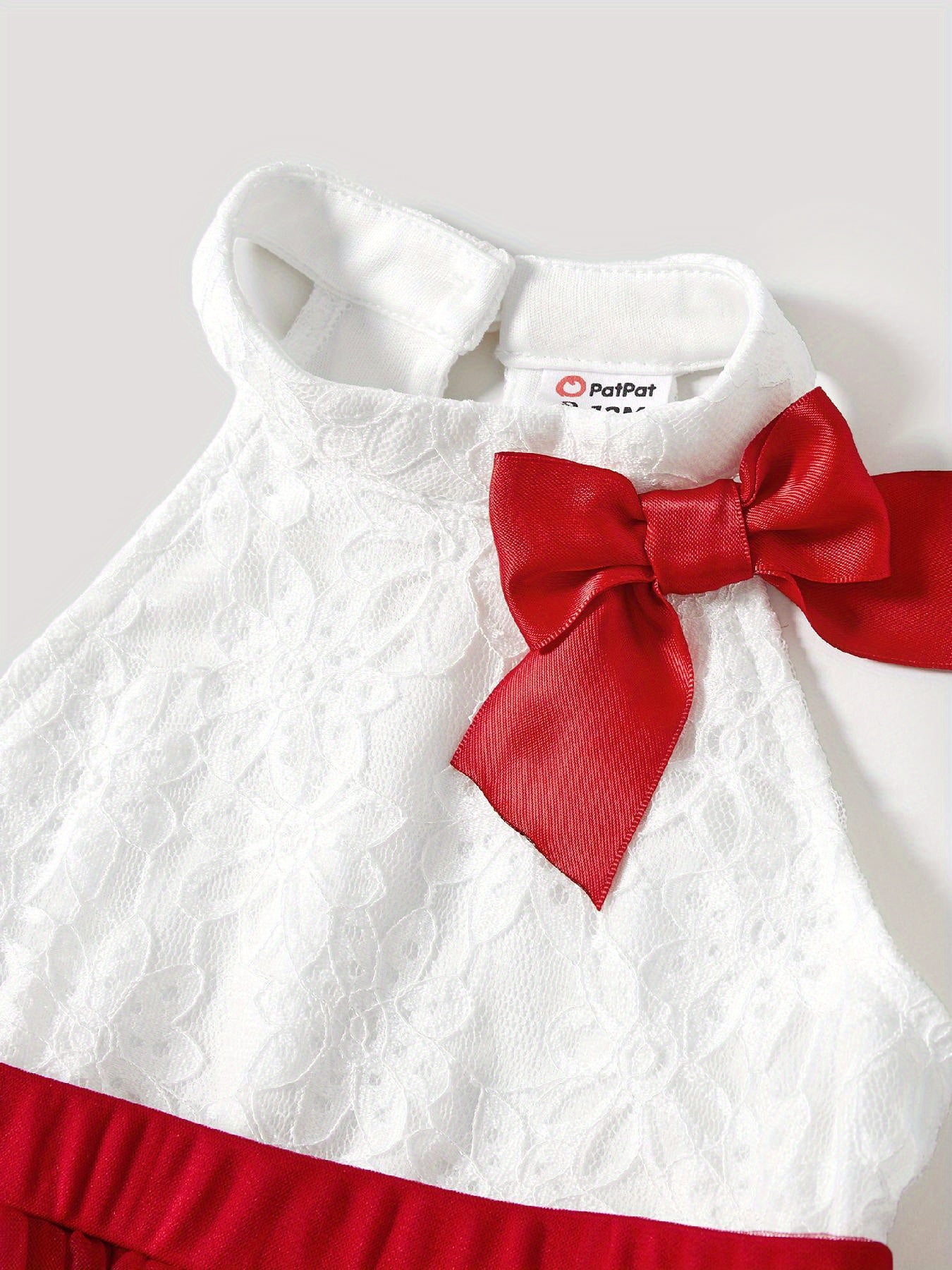 PatPat Valentine's Day Mommy and Me High Neck Halter Lace Splicing Multi-Layered Mesh Dresses, Polyamide 90% Spandex 10%, Solid Color, Elegant Style for Spring/Summer/Fall, Spring Summer Dresses | Decorative Bow Detail | Knit