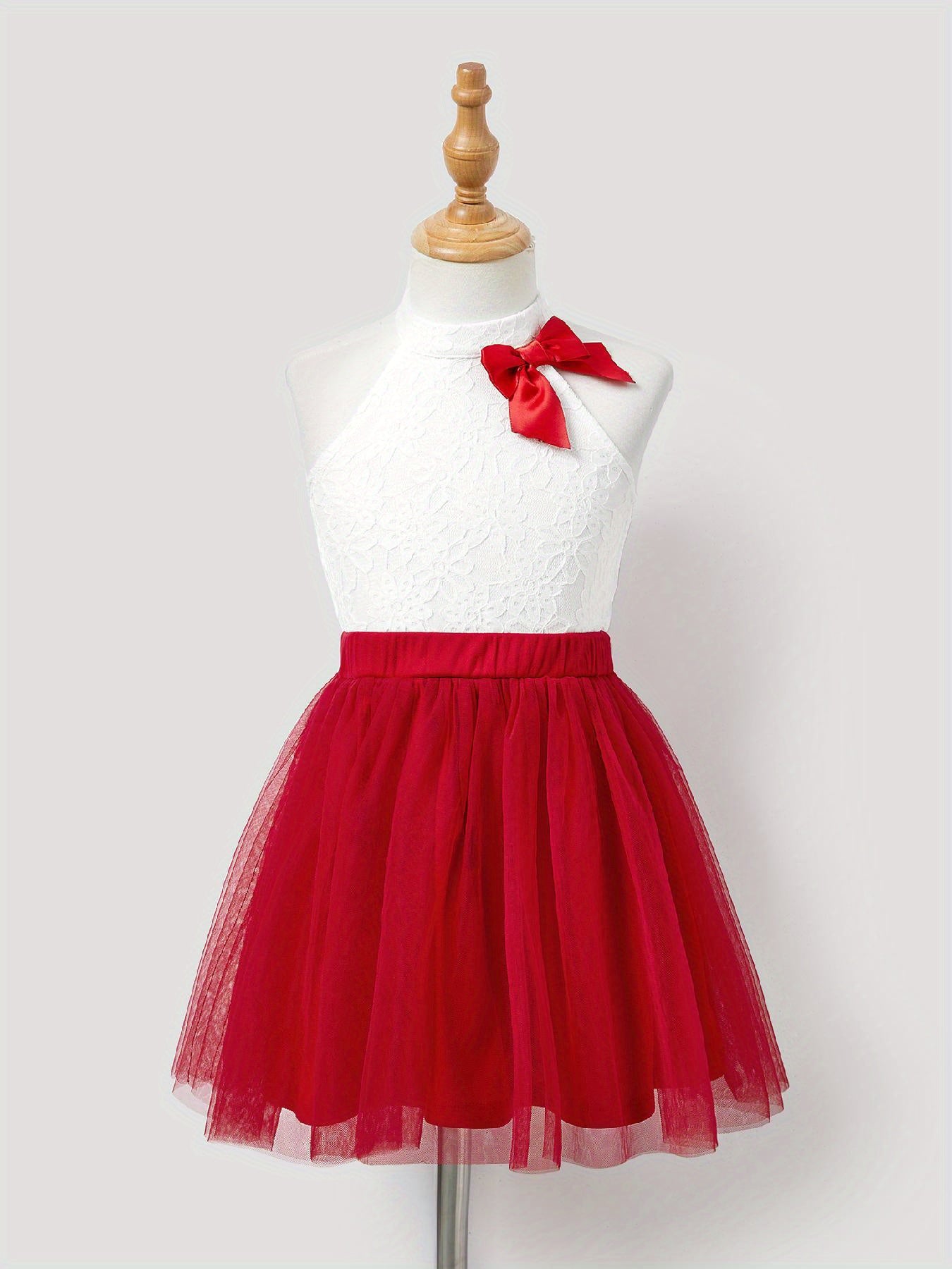 PatPat Valentine's Day Mommy and Me High Neck Halter Lace Splicing Multi-Layered Mesh Dresses, Polyamide 90% Spandex 10%, Solid Color, Elegant Style for Spring/Summer/Fall, Spring Summer Dresses | Decorative Bow Detail | Knit