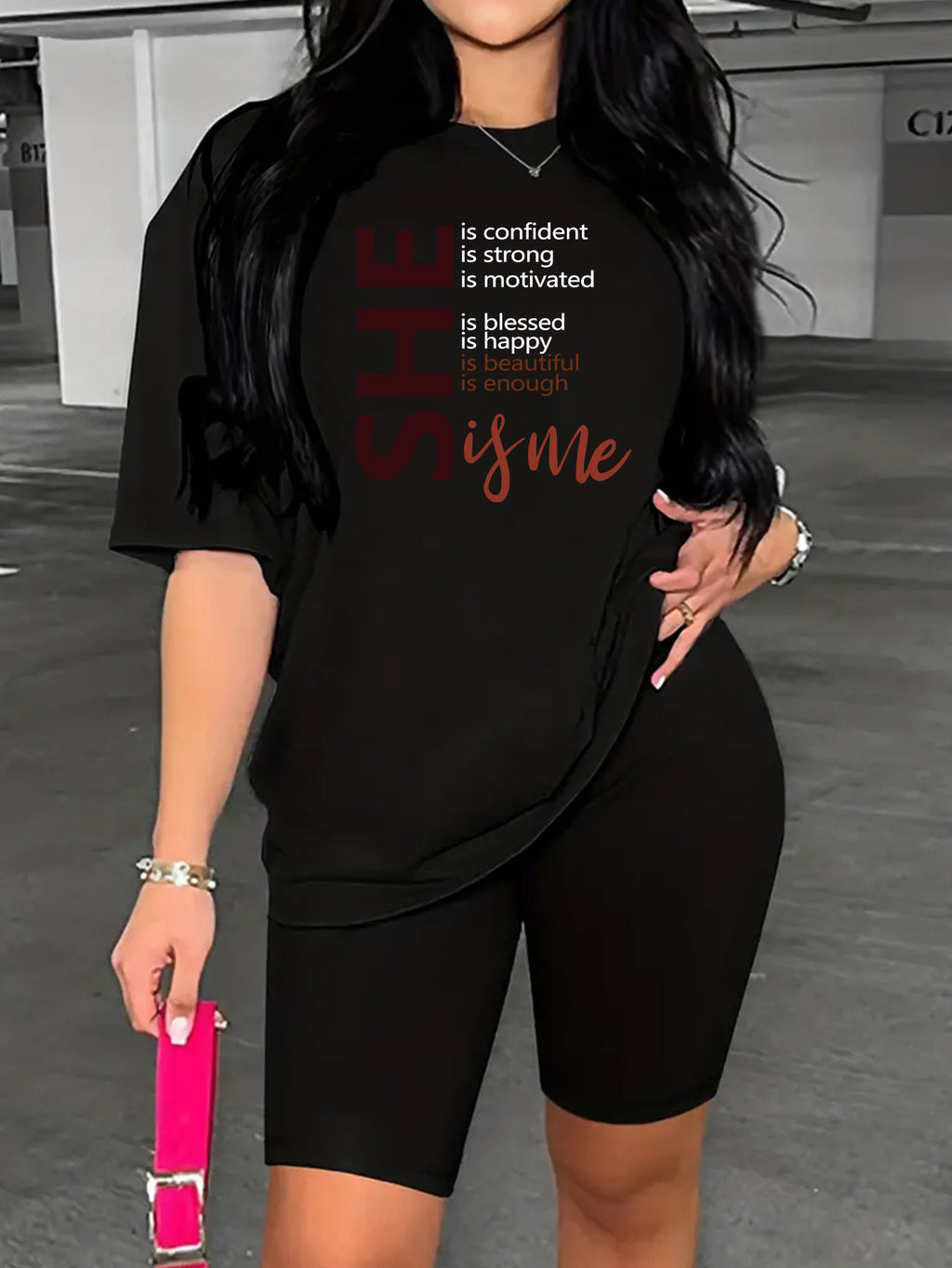 Two Piece Set, Drop Shoulder Short Sleeve Letter Print Casual T-shirt & Short Leggings Outfits for Women
