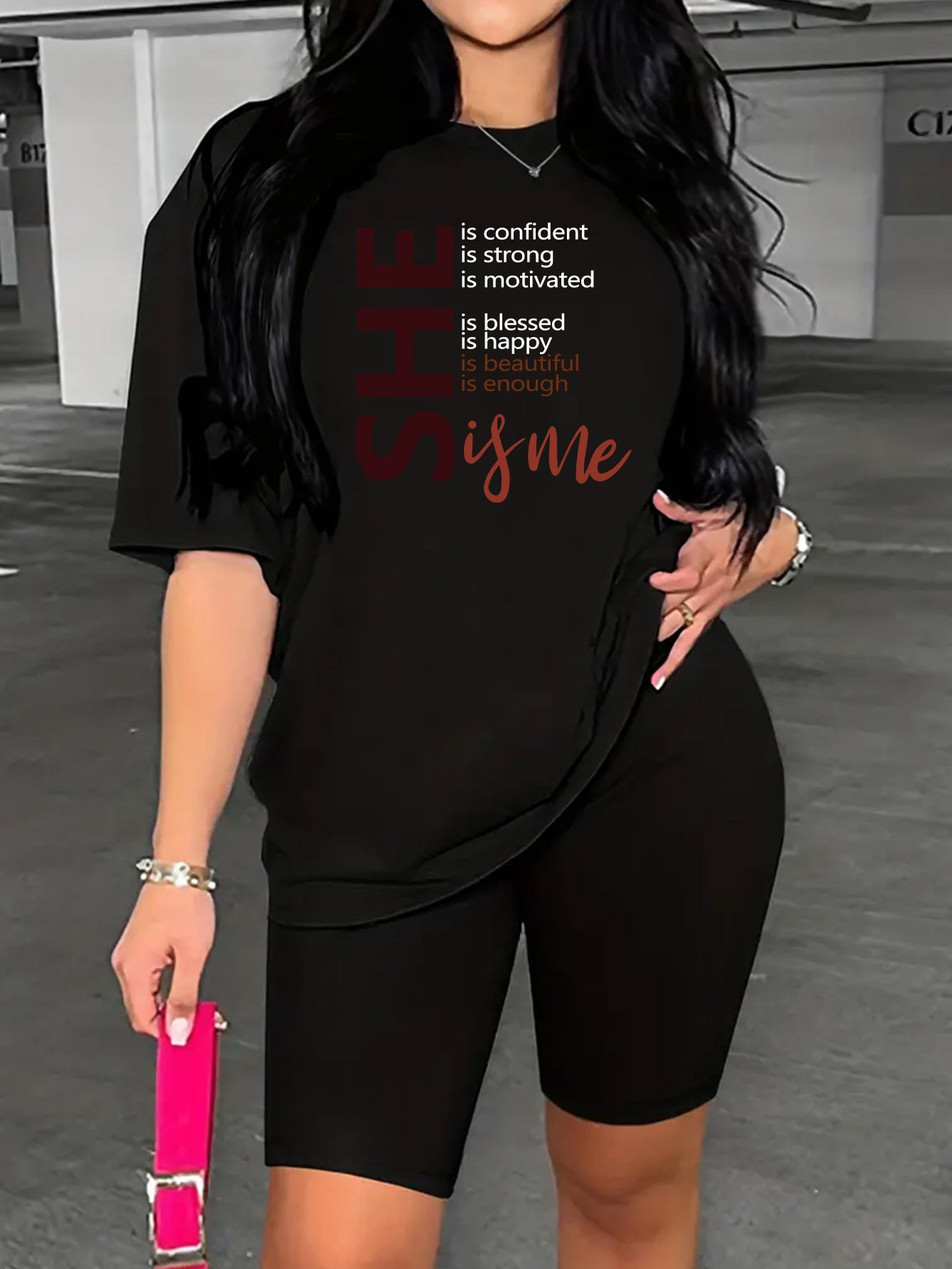 Two Piece Set, Drop Shoulder Short Sleeve Letter Print Casual T-shirt & Short Leggings Outfits for Women