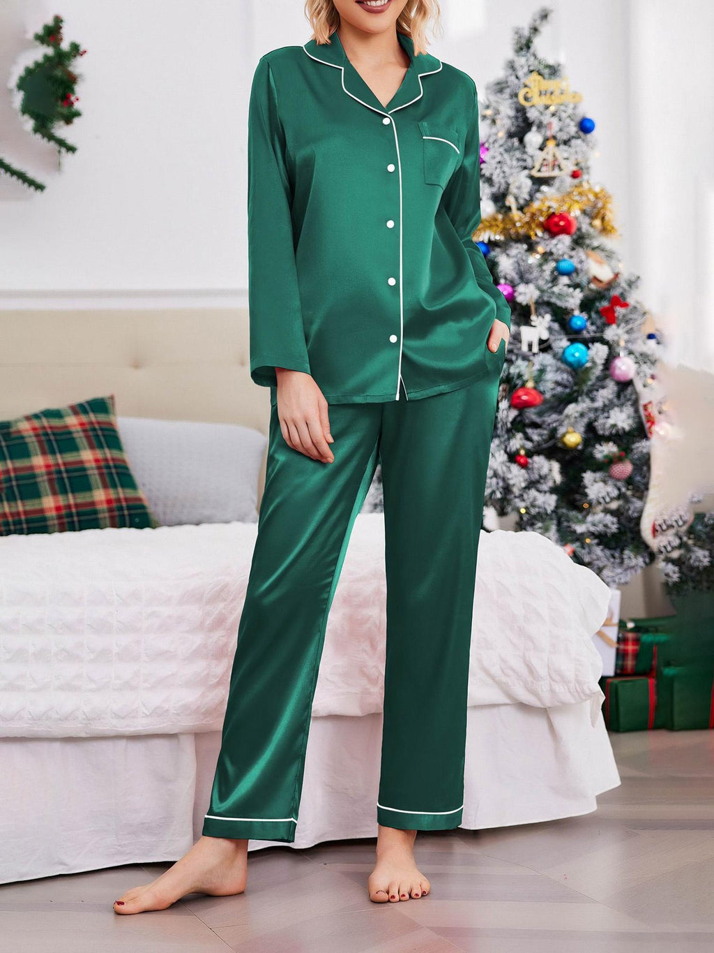 Couples Matching Pajamas Long Sleeve Sleepwear Satin Soft Button Down Loungewear Pjs Set perfect for pajama parties christmas pajamas Anniversary gift winter outfits for women 2 piece set