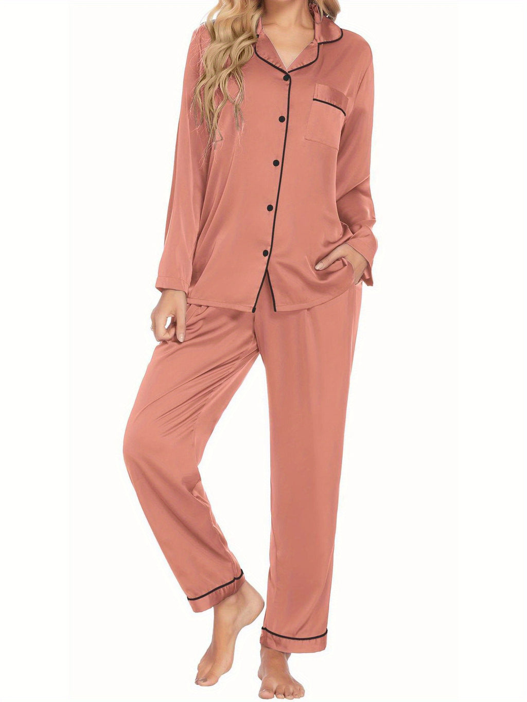 Couples Matching Pajamas Long Sleeve Sleepwear Satin Soft Button Down Loungewear Pjs Set perfect for pajama parties christmas pajamas Anniversary gift winter outfits for women 2 piece set