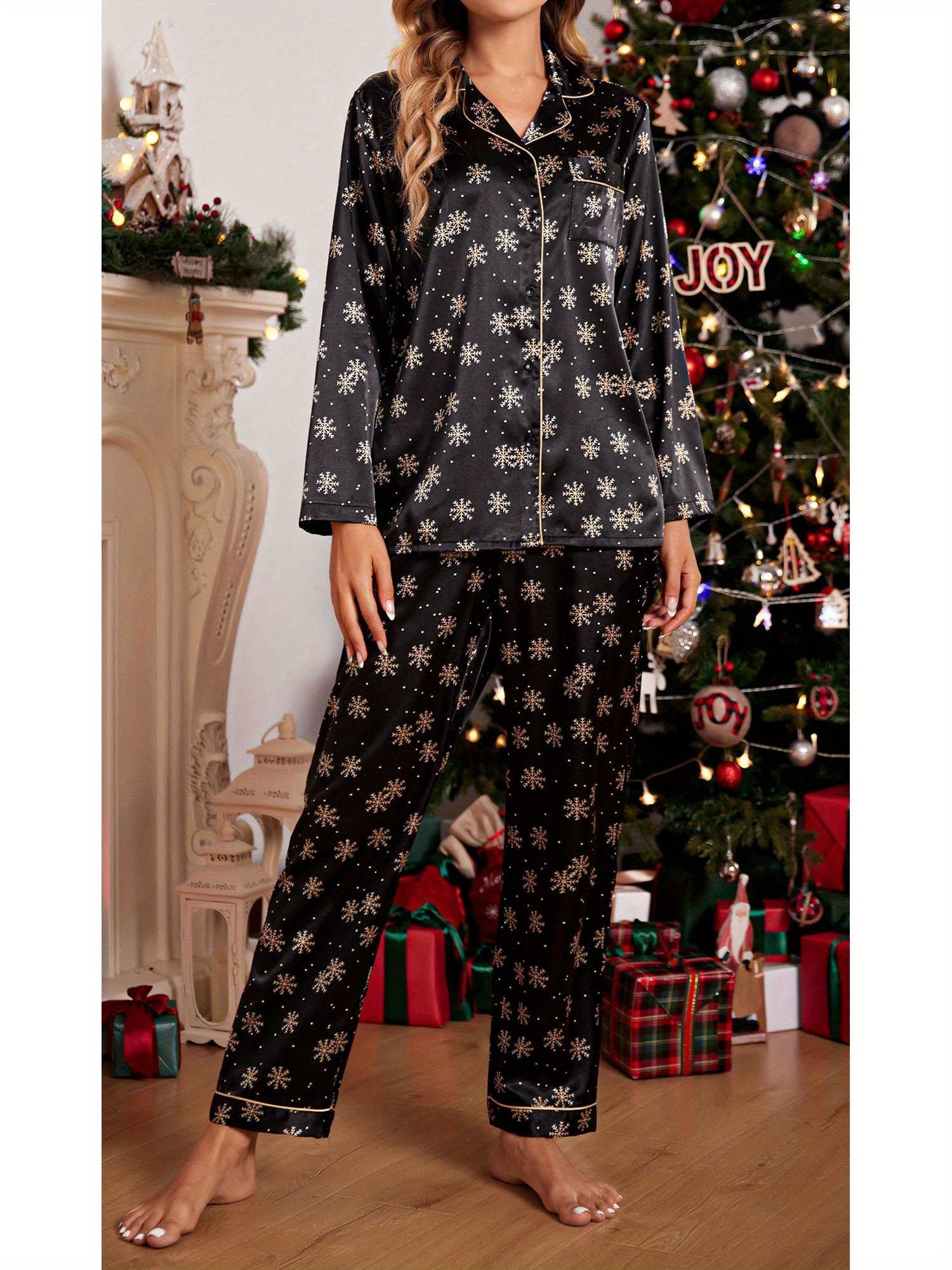 Couples Matching Pajamas Long Sleeve Sleepwear Satin Soft Button Down Loungewear Pjs Set perfect for pajama parties christmas pajamas Anniversary gift winter outfits for women 2 piece set