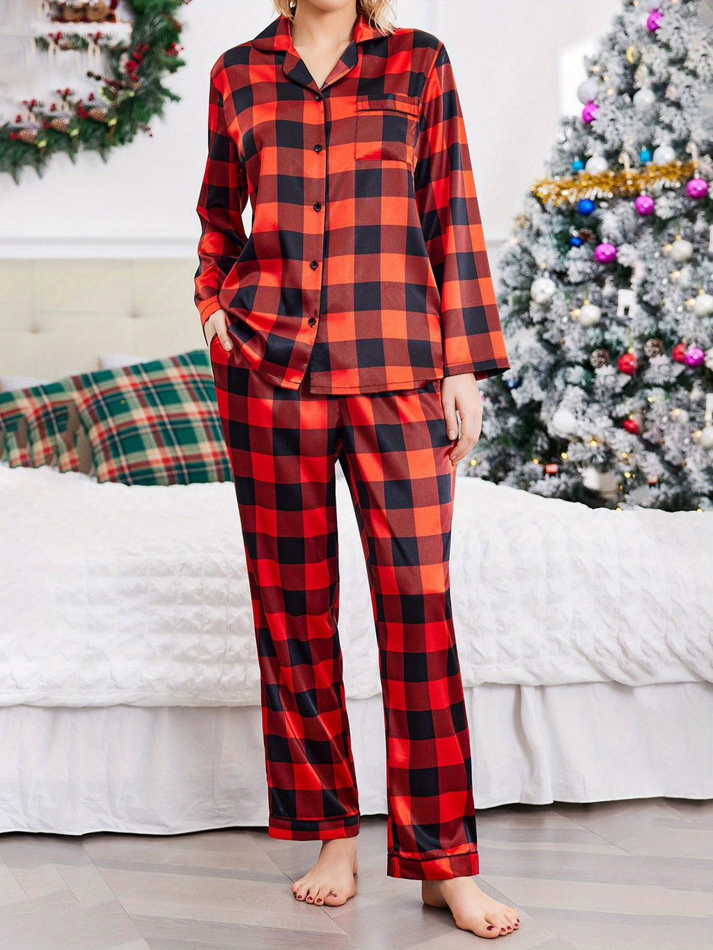Couples Matching Pajamas Long Sleeve Sleepwear Satin Soft Button Down Loungewear Pjs Set perfect for pajama parties christmas pajamas Anniversary gift winter outfits for women 2 piece set