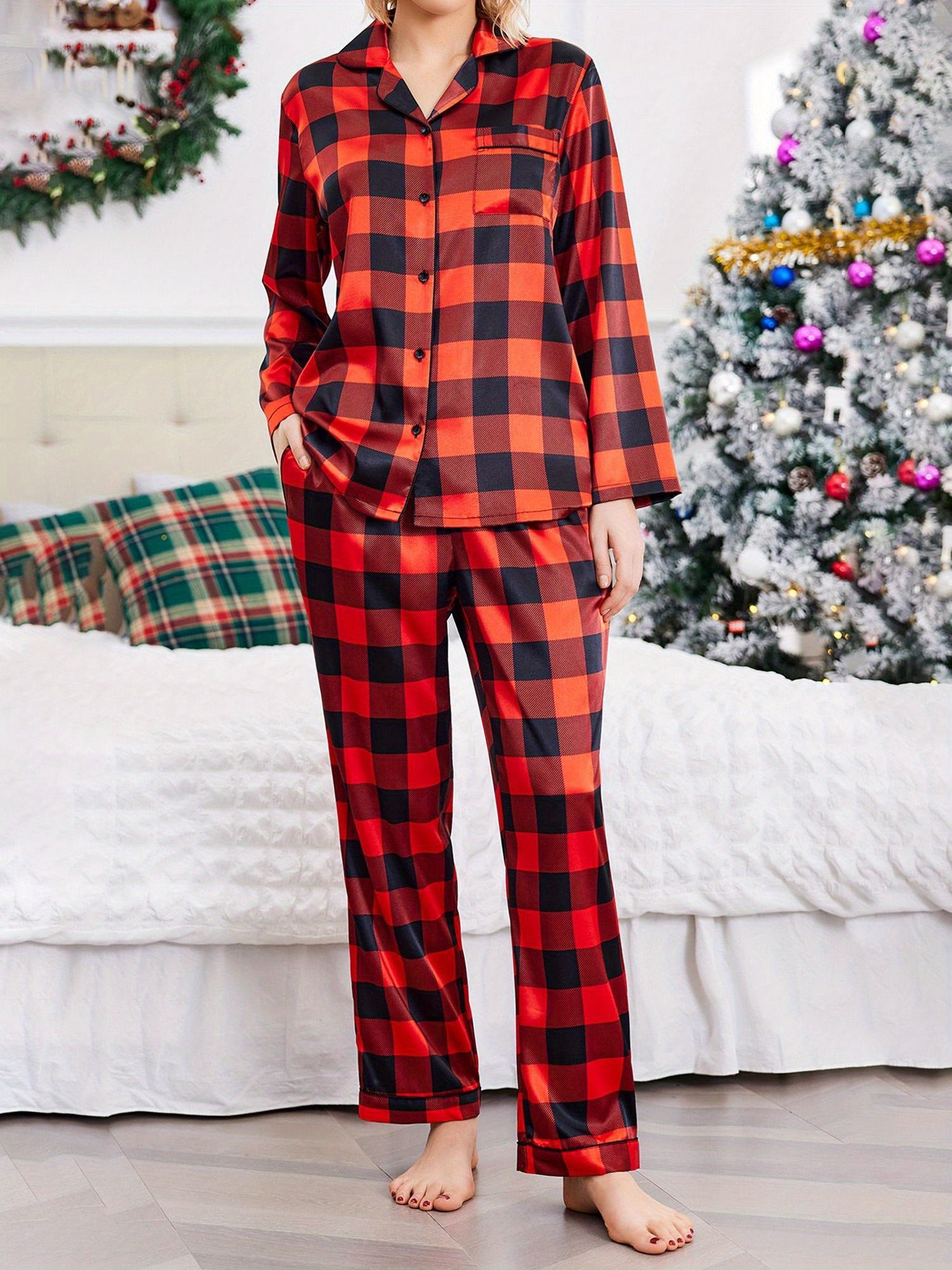 Couples Matching Pajamas Long Sleeve Sleepwear Satin Soft Button Down Loungewear Pjs Set perfect for pajama parties christmas pajamas Anniversary gift winter outfits for women 2 piece set