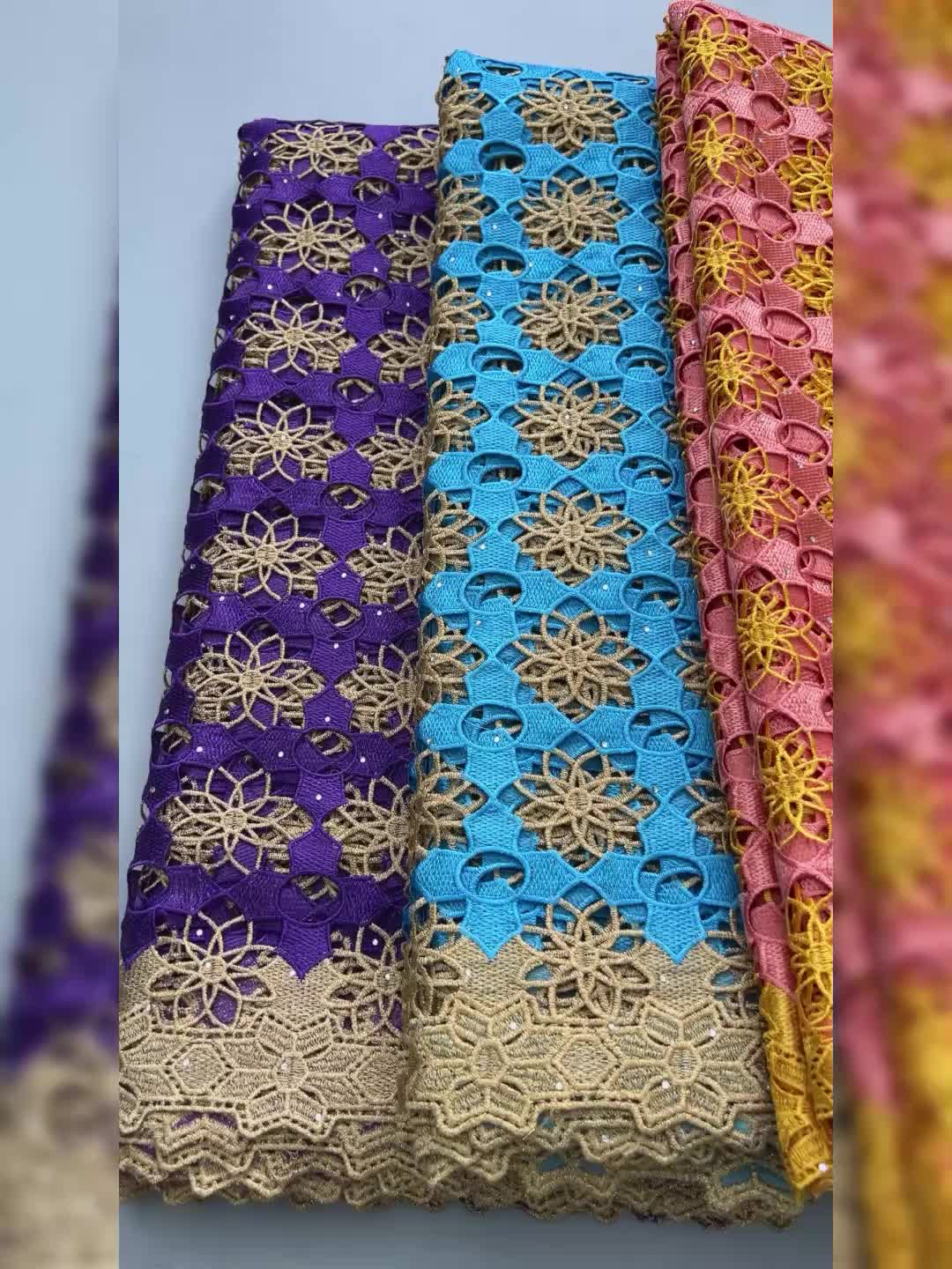 5 Yards/Piece African Nigerian Water-Solvable Guipure Lace Fabric with Rhinestone Embellishments - Pre-Cut Hand-Sewing Wedding Dress Making Supplies, Prom Party Dresses (Suitable for Women's Dresses)