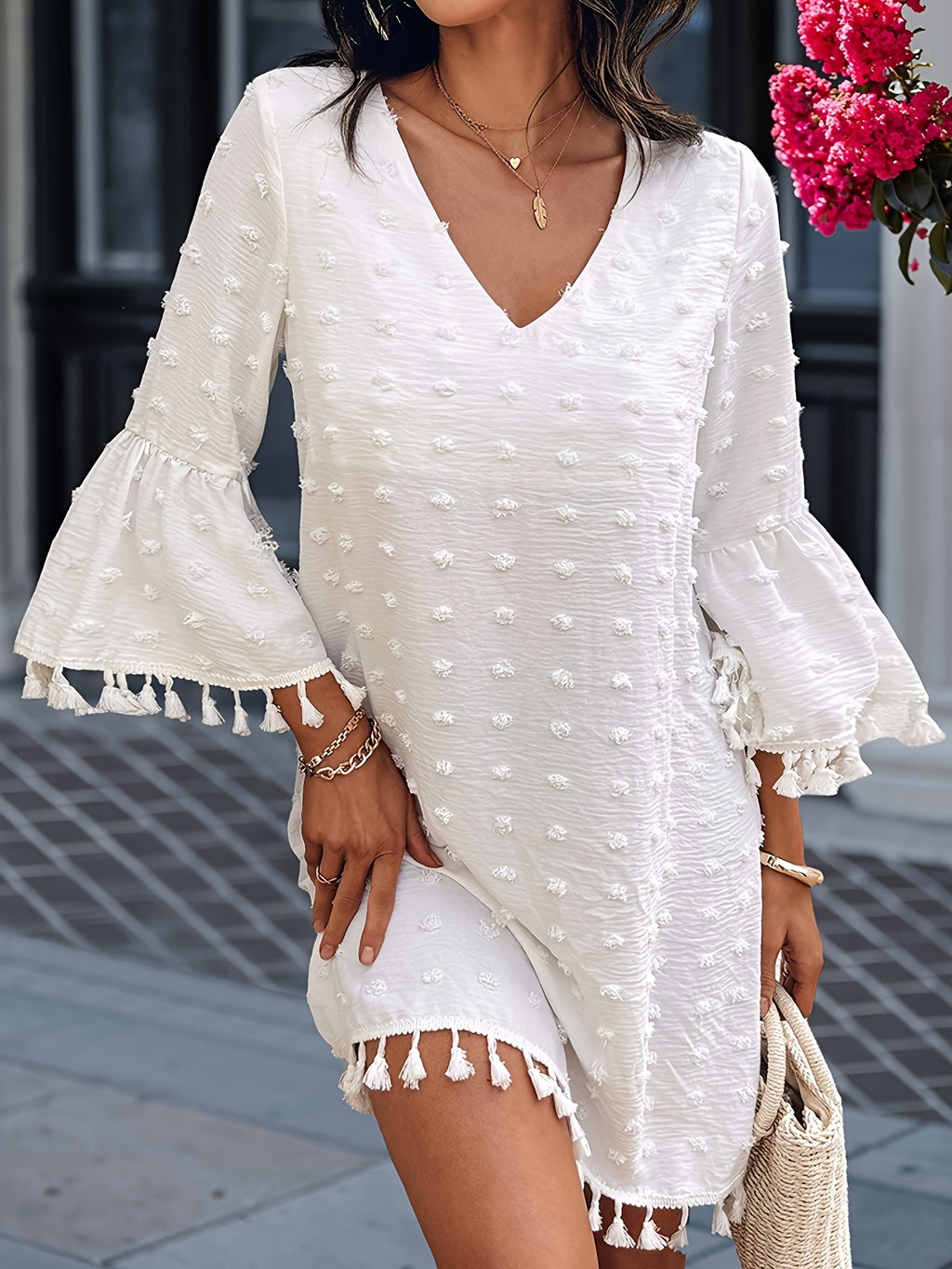 Women's Summer Casual Polka Dot V-Neck Dress with Ruffle Sleeves & Cutout Details - Lightweight Straight Cut Beach Dress for Women, Hand Wash Only, Summer Fashion | Bohemian Style | Frayed Hem Detailing, Summer Dresses