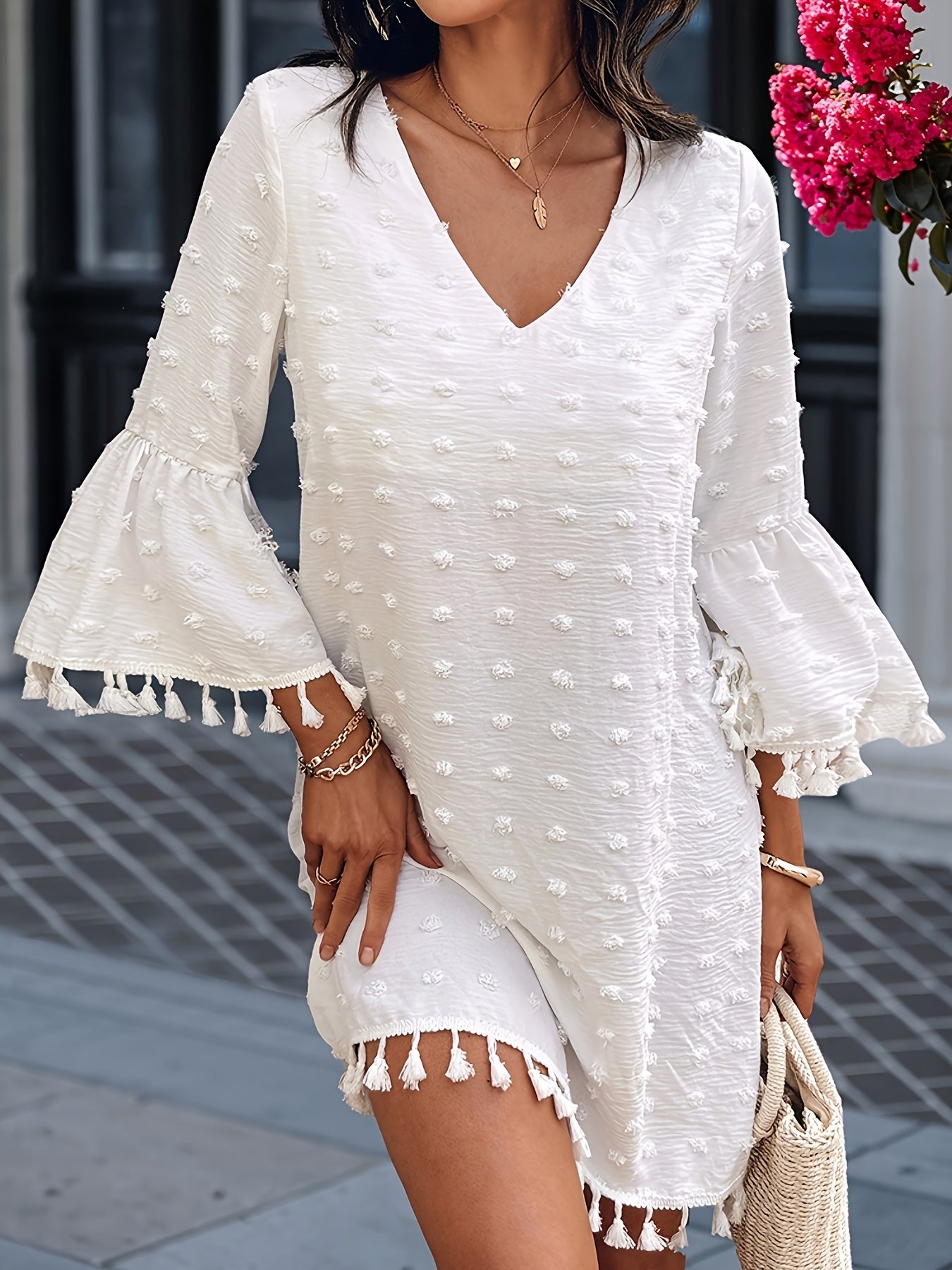Women's Summer Casual Polka Dot V-Neck Dress with Ruffle Sleeves & Cutout Details - Lightweight Straight Cut Beach Dress for Women, Hand Wash Only, Summer Fashion | Bohemian Style | Frayed Hem Detailing, Summer Dresses