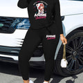 Two-Piece Anime Graphic Print Outfit - Crew Neck Long Sleeve Top and Slim Fit Pants Set for Women - Polyester Knit Fabric, Mid Elasticity, Positioning Printing, Cute Style, Fall/Winter Season