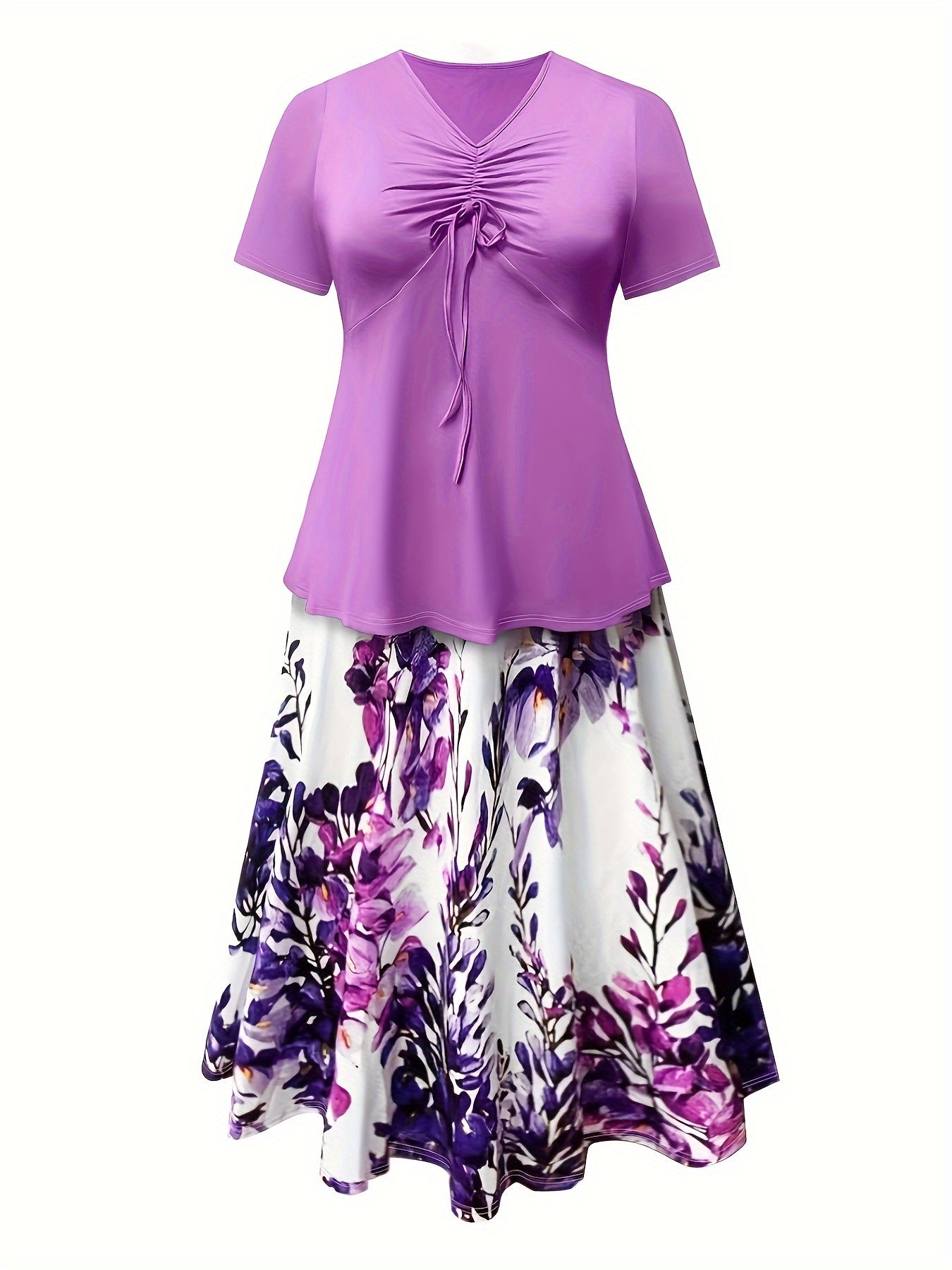 Women's Plus Size Elegant Spring & Summer Skirt Set - Solid Color Tie Front V Neck Short Sleeve Top & Floral Print Skirt Outfits - For Women Size 14-24 - Perfect for Casual & Party Occasions - Ideal Gift for Women