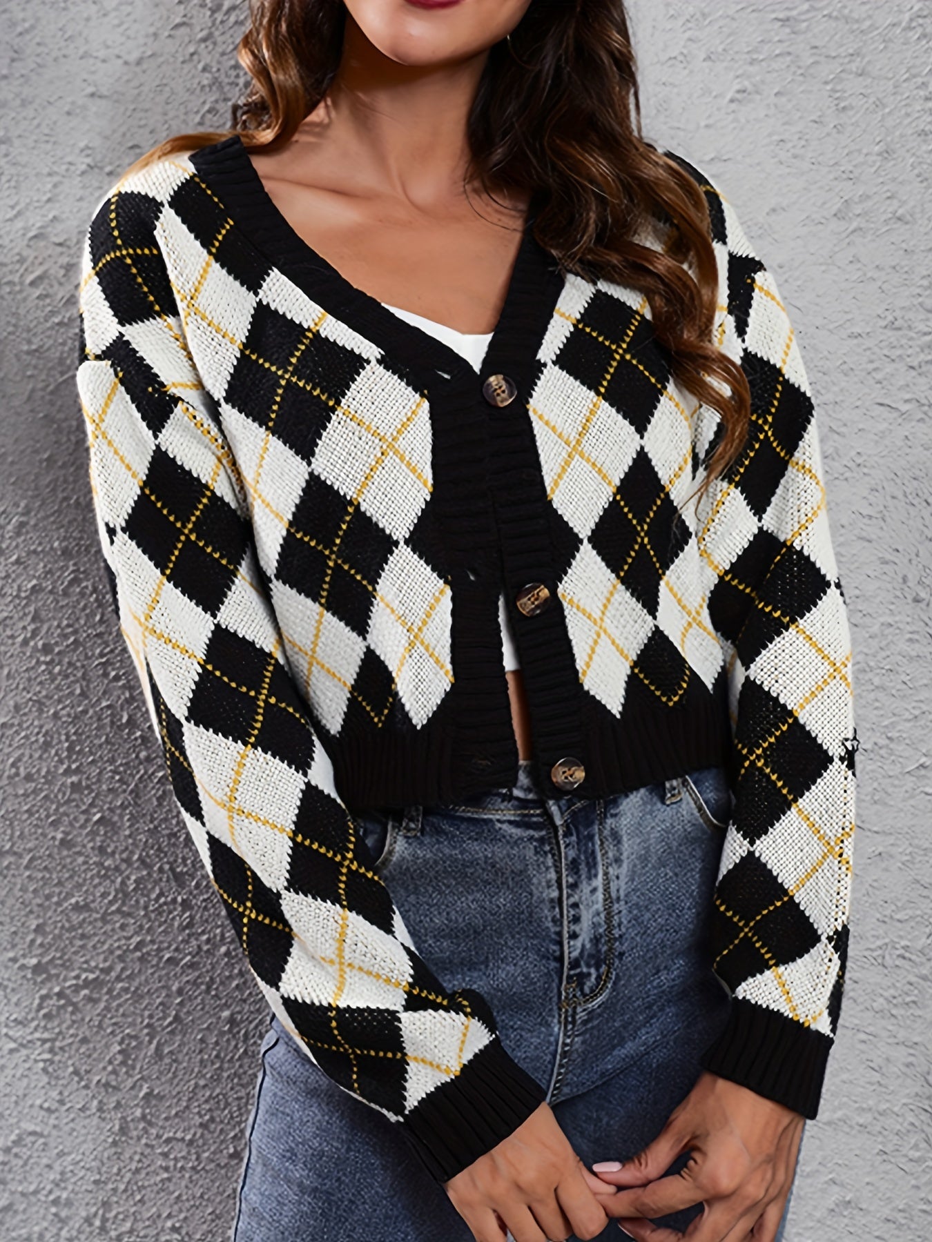 Women'S Elegant Tartan Knit Cardigan, V-Neck Short Length Sweater with Button Detail, Acrylic 100% Long Sleeve Knitwear for Fall/Winter