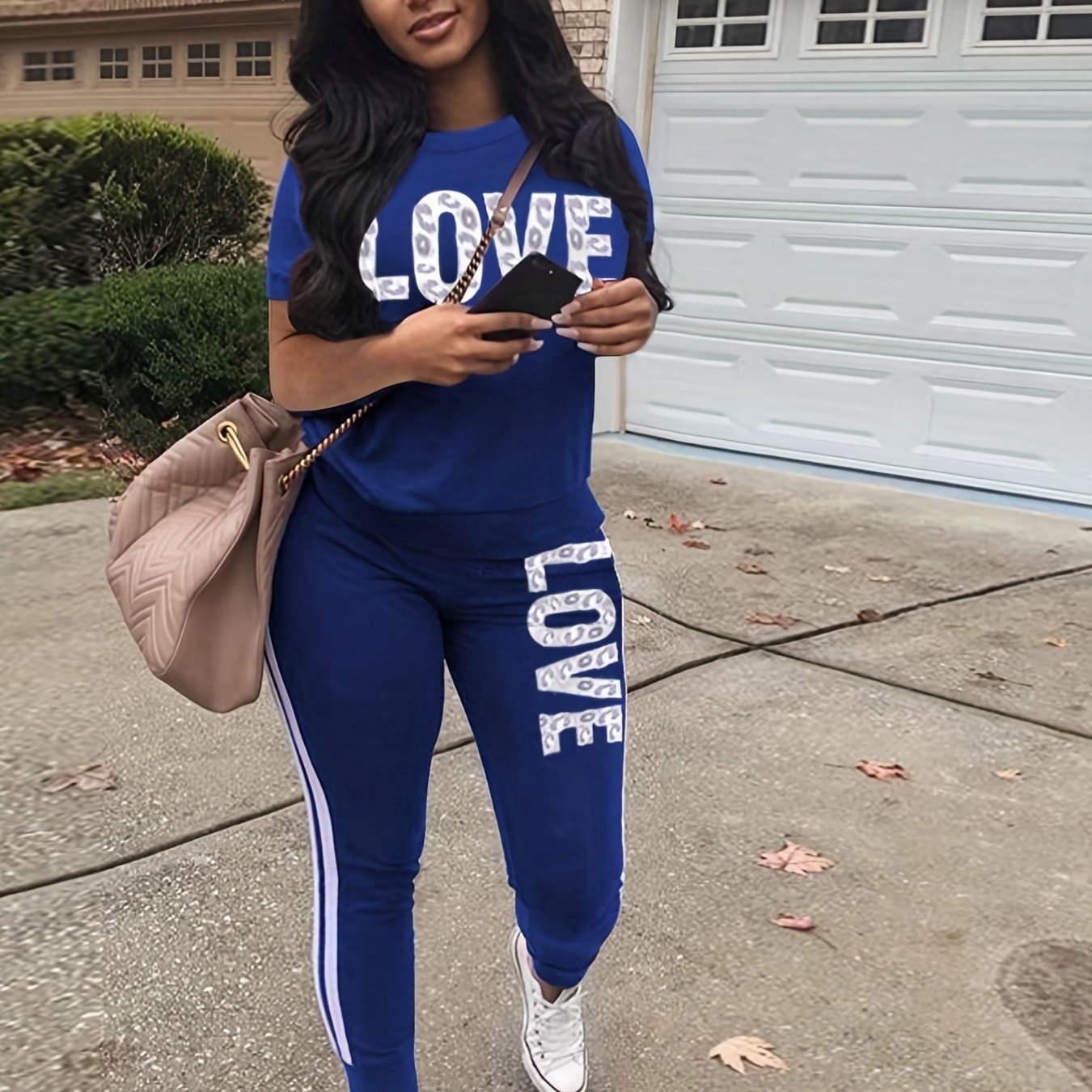Casual Letter Print Two-piece Set, Short Sleeve T-shirt & Side Striped Pants Outfits - Women's Clothing -  Stylish & Comfortable - For Casual Wear - Perfect Gift for Fashionable Women