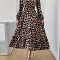 100% Polyester Leopard Print Crew Neck Long Sleeve Midi Dress for Women - A-Line Vacation Style Fall/Winter Dress