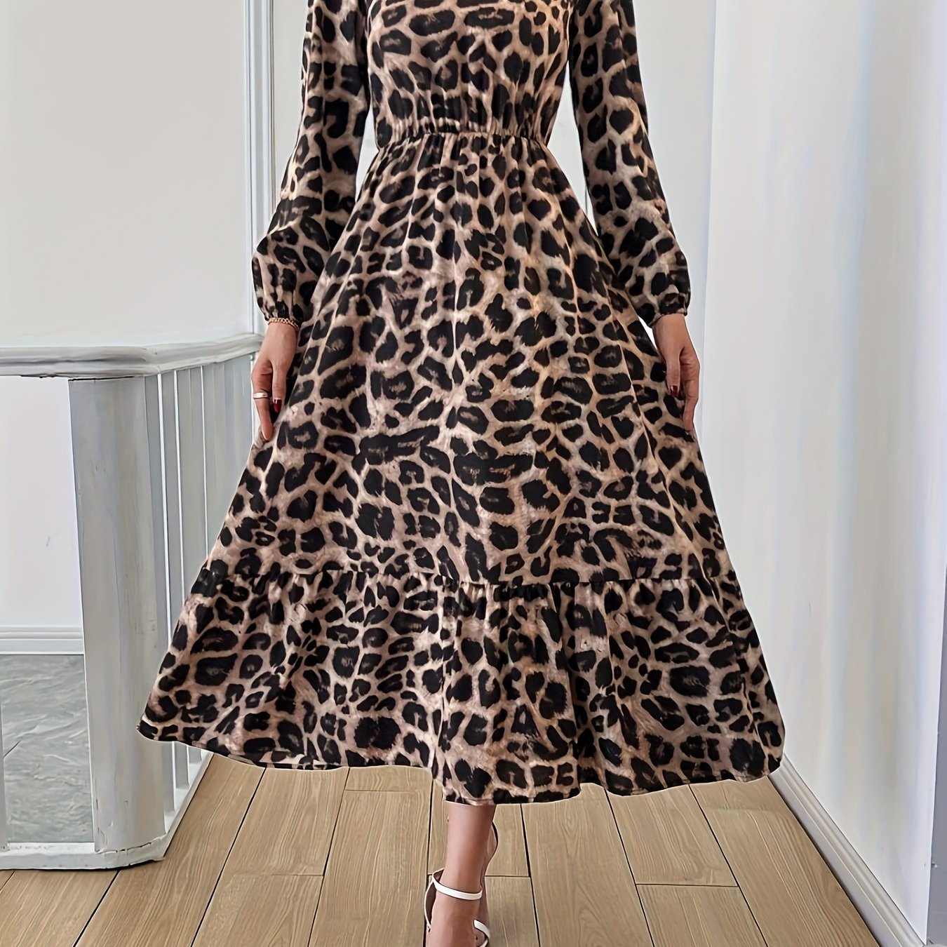 100% Polyester Leopard Print Crew Neck Long Sleeve Midi Dress for Women - A-Line Vacation Style Fall/Winter Dress
