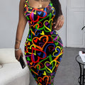 Women'S Off-Shoulder Bodycon Dress | Colorful Heart Pattern | Sleeveless, Stretchy Polyester Blend | Machine Washable | Spring/Summer Fashion | Vibrant Red & Green Design, Cute Dresses