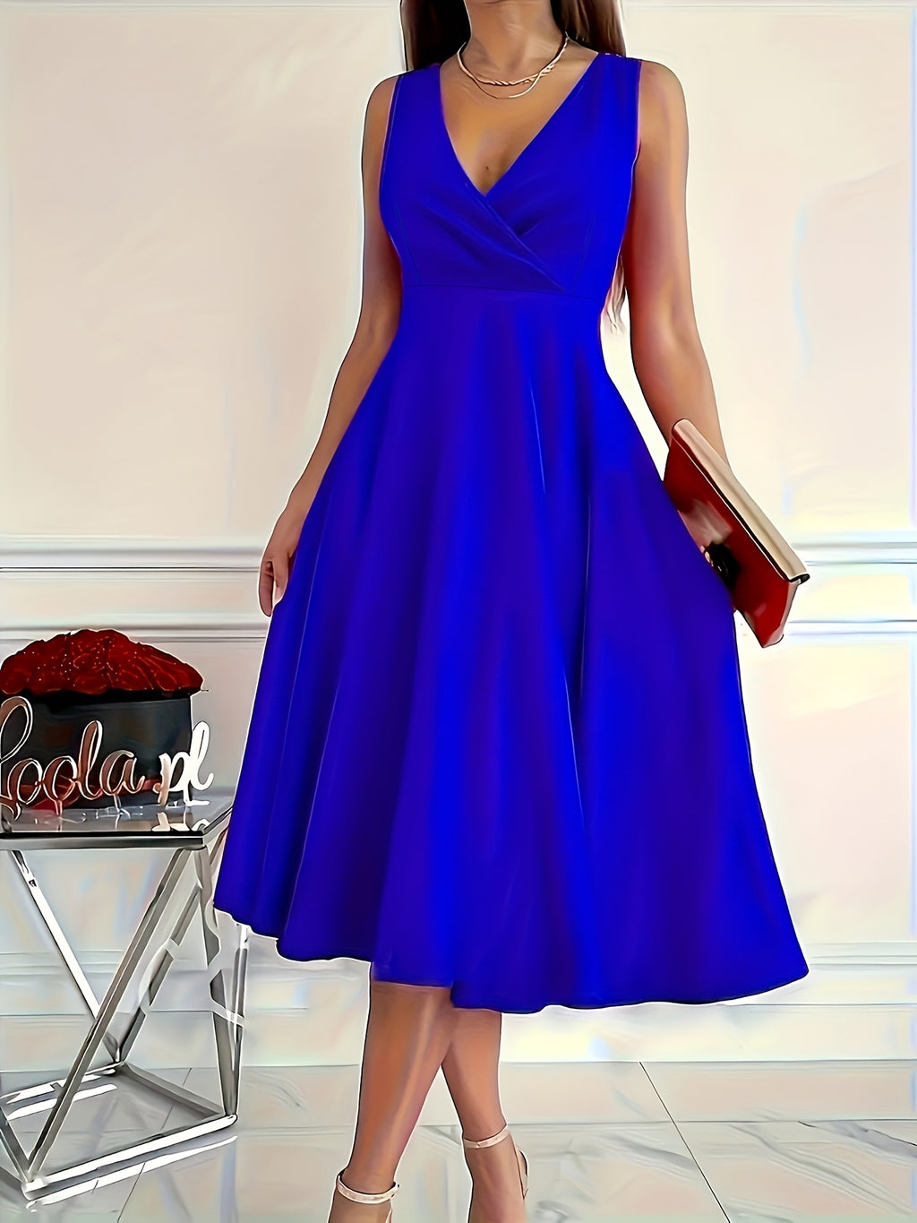 2025 Spring Summer Women's Sleeveless V-Neck A-Line Dress - Royal Blue Knee-Length Casual to Evening Dress with Asymmetrical Hem, Machine Washable & Plus Size Friendly, Casual Summer Dresses, Formal Attire, Offshoulder Fashio