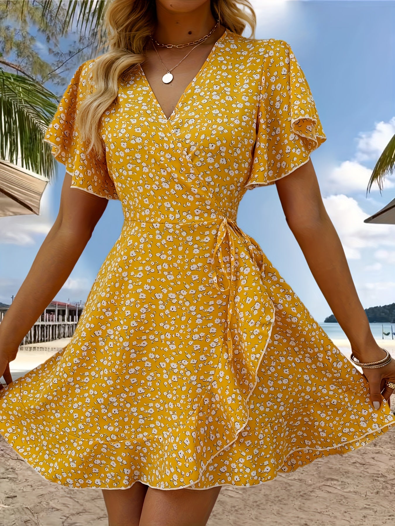 Stunning Floral V-Neck Ruffle Hem Dress - Women's Elegant Short Sleeve Cinched Waist Dresses for Spring & Summer - Perfect for Outdoor Activities, Casual Wear, and Date Nights
