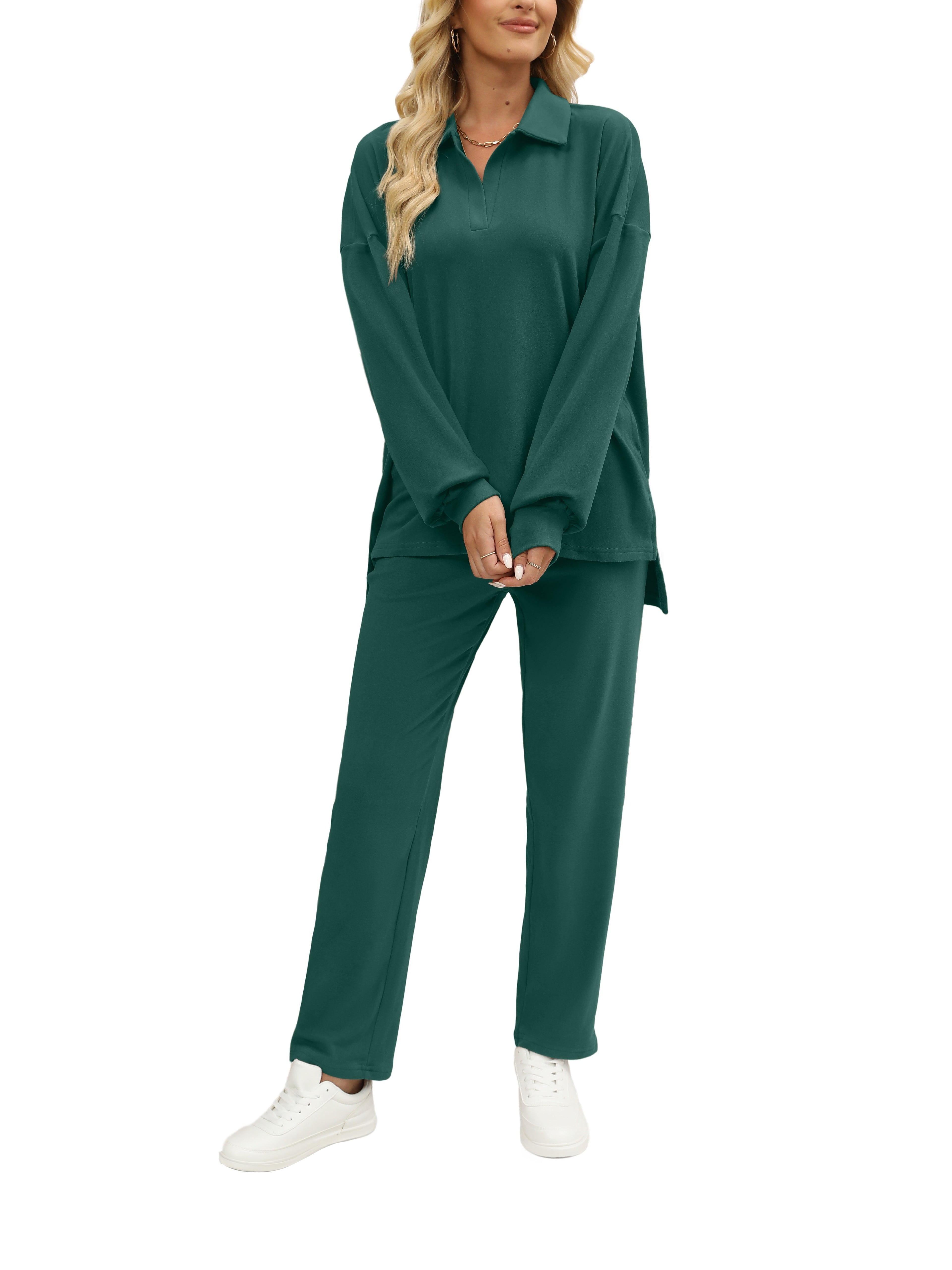 Two Pieces Outfits For Women Oversized Side Slit Sweatshirts&Comfortable Long Pants Sweatsuits