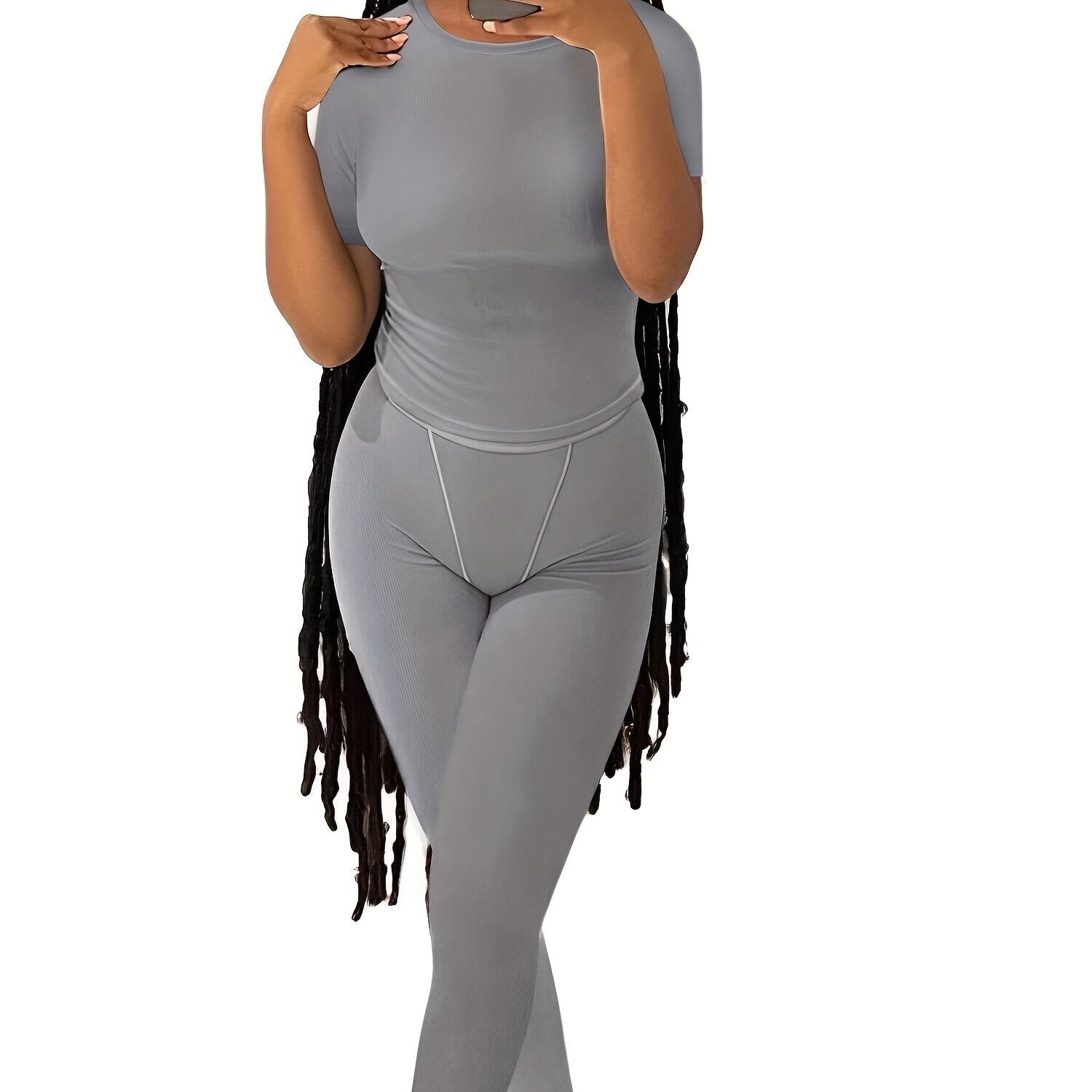 Casual Solid Two-piece Set, Crew Neck Short Sleeve Top & Skinny Pants Outfits, Women's Clothing