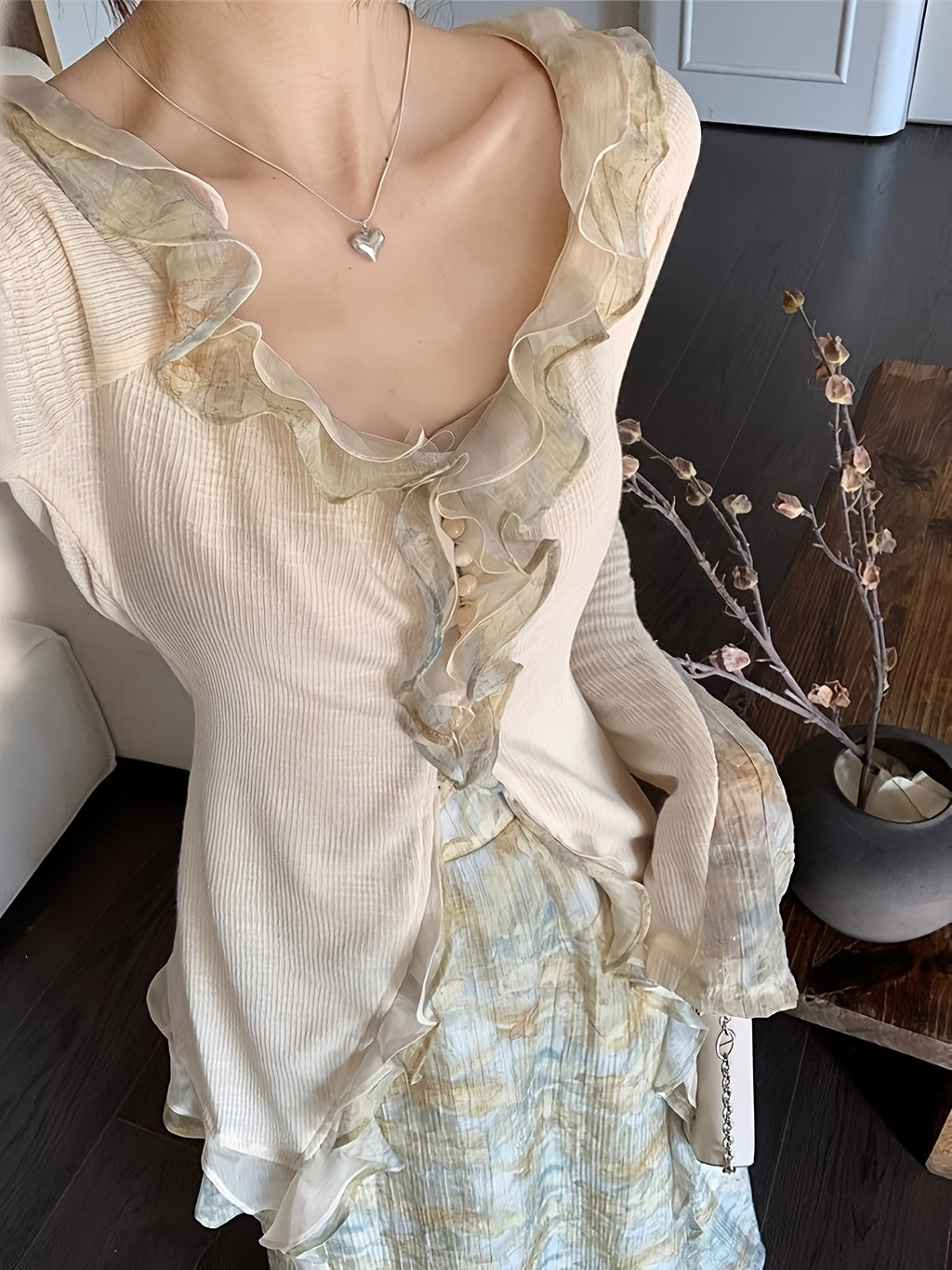 1pc Halter Dress + Cardigan - Women's Large Size Halter Dress Long Skirt Set Premium Sense Spring And Autumn New Chilled Wind Printed Women's Dresses, Ruffles Splicing Lace Sleeve Design, Super Suitable for Party Use, Gift fo