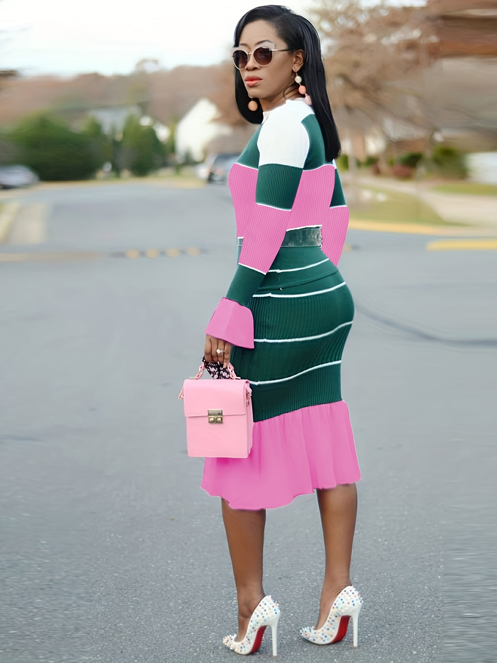 Casual Chic Color Block & Stripe Two-Piece Set - Cotton Blend Crew Neck Top with High-Elasticity Chiffon Skirt