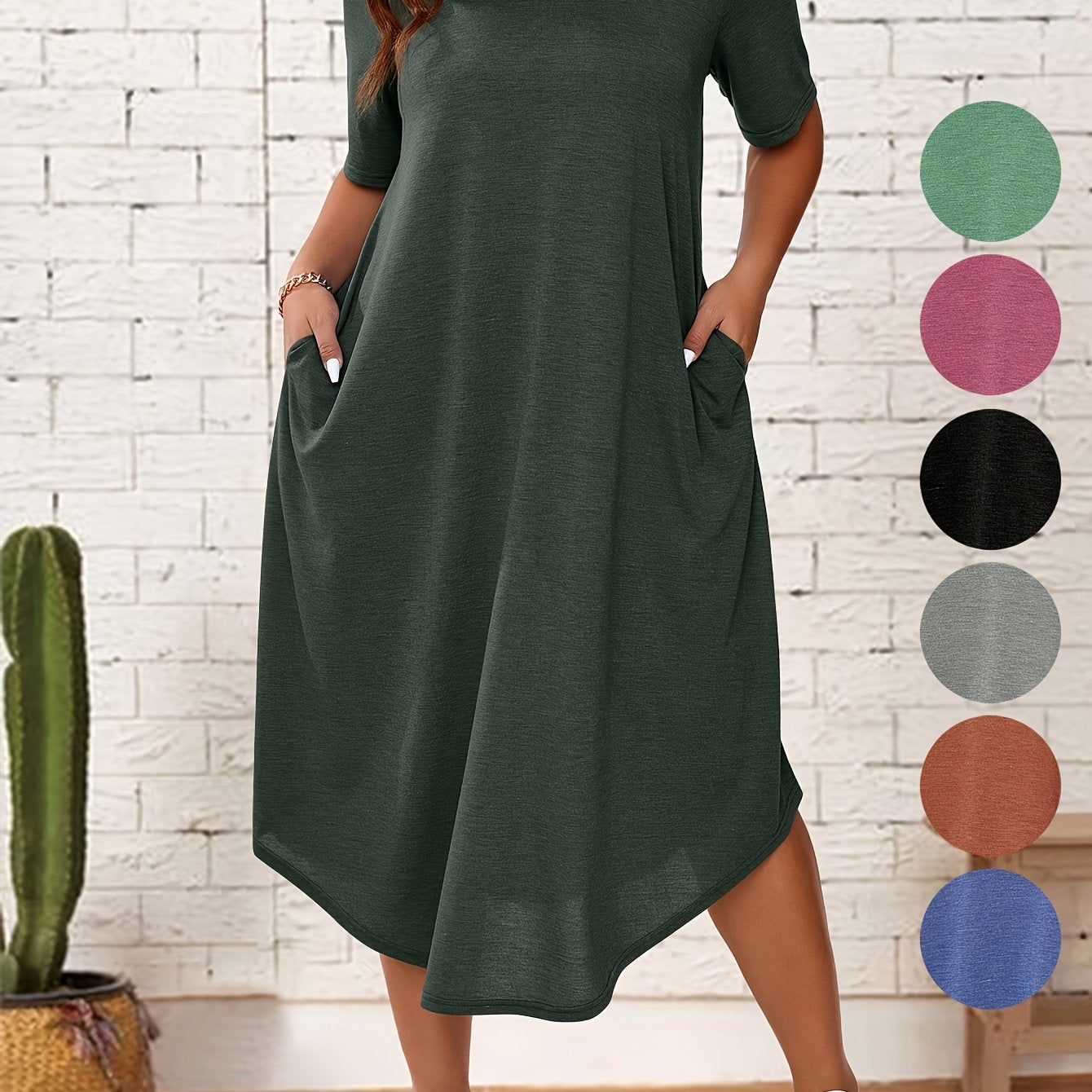 Plus Size Solid Color Dress, Casual Short Sleeve Crew Neck Dress for Spring & Summer, Women's Plus Size Clothing, Plus Size Dresses