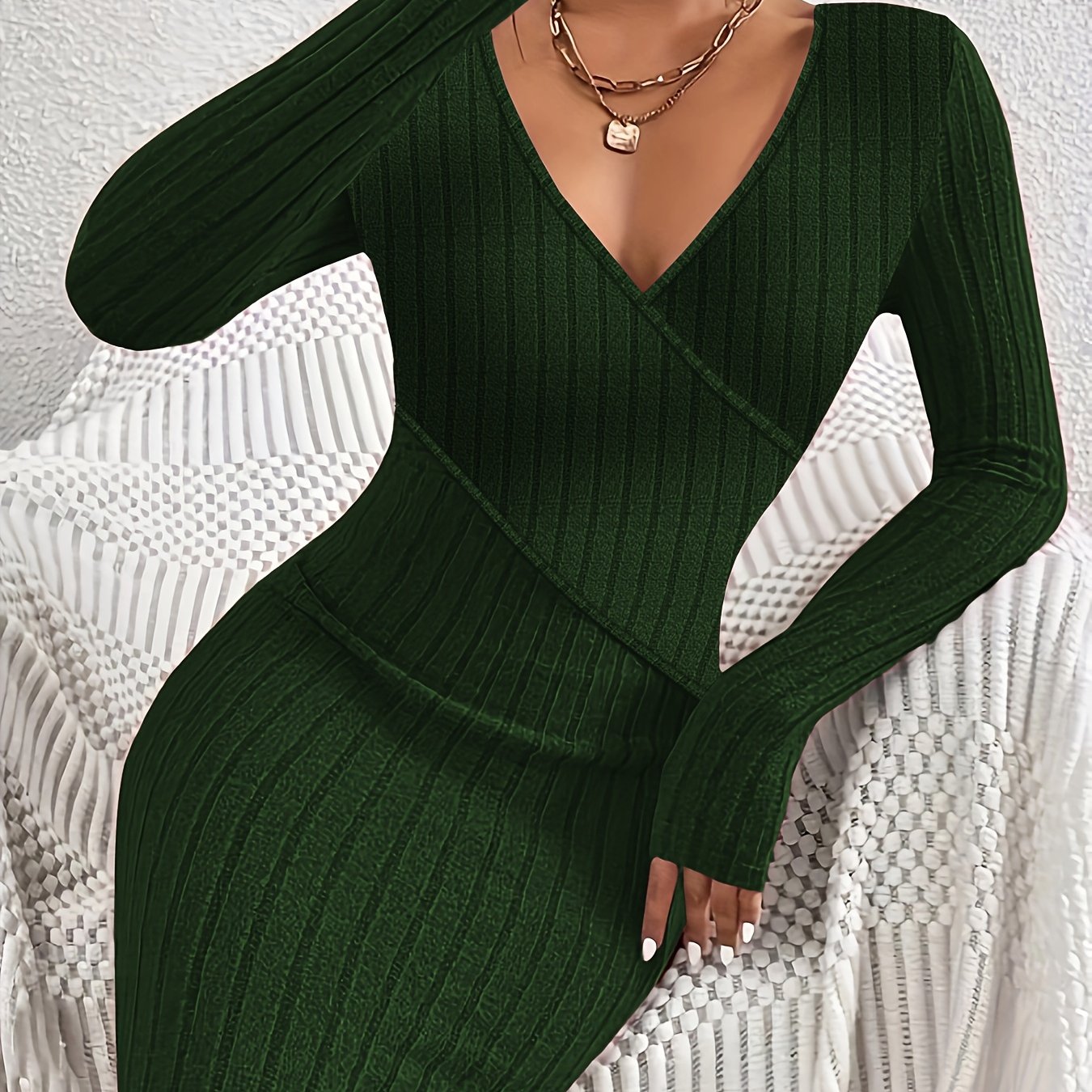 Vibrant Ribbed Bodycon Dress - Elegant Women's Long Sleeve V Neck Dresses for Everyday Wear - Solid Color, Comfortable, and Flattering